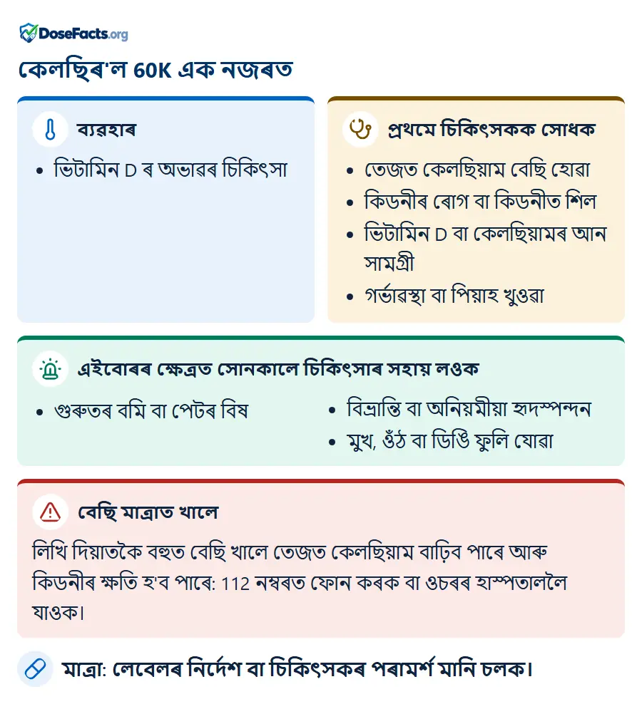 কেলছিৰ'ল 60K এক নজৰত. ব্যৱহাৰ: ভিটামিন D ৰ অভাৱৰ চিকিৎসা. প্ৰথমে চিকিৎসকক সোধক: তেজত কেলছিয়াম বেছি হোৱা, কিডনীৰ ৰোগ বা কিডনীত শিল, ভিটামিন D বা কেলছিয়ামৰ আন সামগ্ৰী, গৰ্ভাৱস্থা বা পিয়াহ খুওৱা. এইবোৰৰ ক্ষেত্ৰত সোনকালে চিকিৎসাৰ সহায় লওক: গুৰুতৰ বমি বা পেটৰ বিষ, বিভ্ৰান্তি বা অনিয়মীয়া হৃদস্পন্দন, মুখ, ওঁঠ বা ডিঙি ফুলি যোৱা. বেছি মাত্ৰাত খালে: লিখি দিয়াতকৈ বহুত বেছি খালে তেজত কেলছিয়াম বাঢ়িব পাৰে আৰু কিডনীৰ ক্ষতি হ'ব পাৰে: 112 নম্বৰত ফোন কৰক বা ওচৰৰ হাস্পতাললৈ যাওক. মাত্ৰা: লেবেলৰ নিৰ্দেশ বা চিকিৎসকৰ পৰামৰ্শ মানি চলক.