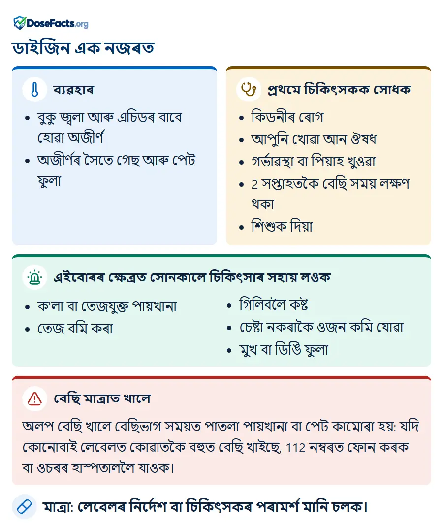 ডাইজিন এক নজৰত. ব্যৱহাৰ: বুকু জ্বলা আৰু এচিডৰ বাবে হোৱা অজীৰ্ণ, অজীৰ্ণৰ সৈতে গেছ আৰু পেট ফুলা. প্ৰথমে চিকিৎসকক সোধক: কিডনীৰ ৰোগ, আপুনি খোৱা আন ঔষধ, গৰ্ভাৱস্থা বা পিয়াহ খুওৱা, 2 সপ্তাহতকৈ বেছি সময় লক্ষণ থকা, শিশুক দিয়া. এইবোৰৰ ক্ষেত্ৰত সোনকালে চিকিৎসাৰ সহায় লওক: ক'লা বা তেজযুক্ত পায়খানা, তেজ বমি কৰা, গিলিবলৈ কষ্ট, চেষ্টা নকৰাকৈ ওজন কমি যোৱা, মুখ বা ডিঙি ফুলা. বেছি মাত্ৰাত খালে: অলপ বেছি খালে বেছিভাগ সময়ত পাতলা পায়খানা বা পেট কামোৰা হয়: যদি কোনোবাই লেবেলত কোৱাতকৈ বহুত বেছি খাইছে, 112 নম্বৰত ফোন কৰক বা ওচৰৰ হাস্পতাললৈ যাওক. মাত্ৰা: লেবেলৰ নিৰ্দেশ বা চিকিৎসকৰ পৰামৰ্শ মানি চলক.