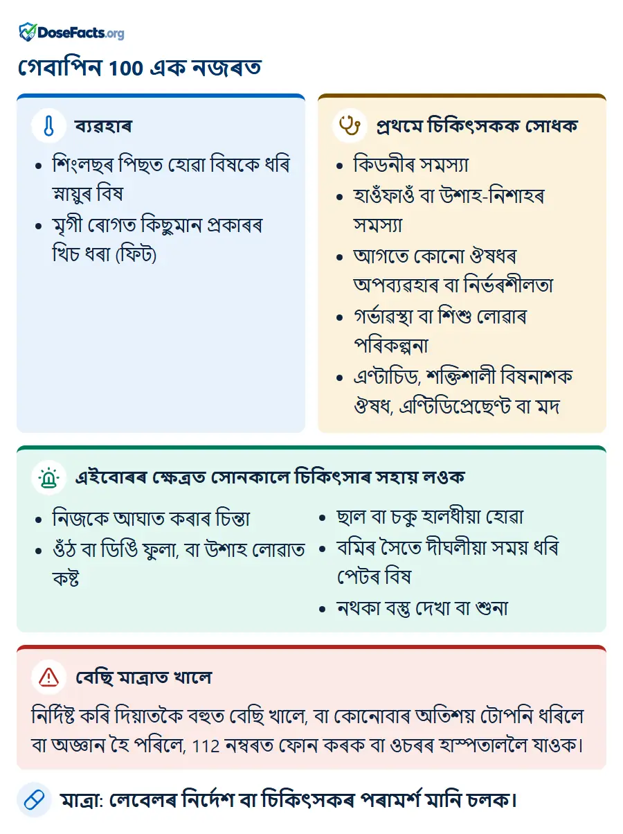 গেবাপিন 100 এক নজৰত. ব্যৱহাৰ: শিংলছৰ পিছত হোৱা বিষকে ধৰি স্নায়ুৰ বিষ, মৃগী ৰোগত কিছুমান প্ৰকাৰৰ খিচ ধৰা (ফিট). প্ৰথমে চিকিৎসকক সোধক: কিডনীৰ সমস্যা, হাওঁফাওঁ বা উশাহ-নিশাহৰ সমস্যা, আগতে কোনো ঔষধৰ অপব্যৱহাৰ বা নিৰ্ভৰশীলতা, গৰ্ভাৱস্থা বা শিশু লোৱাৰ পৰিকল্পনা, এণ্টাচিড, শক্তিশালী বিষনাশক ঔষধ, এণ্টিডিপ্ৰেছেণ্ট বা মদ. এইবোৰৰ ক্ষেত্ৰত সোনকালে চিকিৎসাৰ সহায় লওক: নিজকে আঘাত কৰাৰ চিন্তা, ওঁঠ বা ডিঙি ফুলা, বা উশাহ লোৱাত কষ্ট, ছাল বা চকু হালধীয়া হোৱা, বমিৰ সৈতে দীঘলীয়া সময় ধৰি পেটৰ বিষ, নথকা বস্তু দেখা বা শুনা. বেছি মাত্ৰাত খালে: নিৰ্দিষ্ট কৰি দিয়াতকৈ বহুত বেছি খালে, বা কোনোবাৰ অতিশয় টোপনি ধৰিলে বা অজ্ঞান হৈ পৰিলে, 112 নম্বৰত ফোন কৰক বা ওচৰৰ হাস্পতাললৈ যাওক. মাত্ৰা: লেবেলৰ নিৰ্দেশ বা চিকিৎসকৰ পৰামৰ্শ মানি চলক.