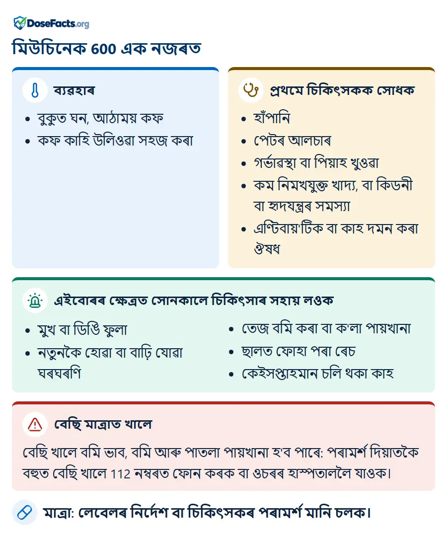 মিউচিনেক 600 এক নজৰত. ব্যৱহাৰ: বুকুত ঘন, আঠাময় কফ, কফ কাহি উলিওৱা সহজ কৰা. প্ৰথমে চিকিৎসকক সোধক: হাঁপানি, পেটৰ আলচাৰ, গৰ্ভাৱস্থা বা পিয়াহ খুওৱা, কম নিমখযুক্ত খাদ্য, বা কিডনী বা হৃদযন্ত্ৰৰ সমস্যা, এণ্টিবায়'টিক বা কাহ দমন কৰা ঔষধ. এইবোৰৰ ক্ষেত্ৰত সোনকালে চিকিৎসাৰ সহায় লওক: মুখ বা ডিঙি ফুলা, নতুনকৈ হোৱা বা বাঢ়ি যোৱা ঘৰঘৰণি, তেজ বমি কৰা বা ক'লা পায়খানা, ছালত ফোহা পৰা ৰেচ, কেইসপ্তাহমান চলি থকা কাহ. বেছি মাত্ৰাত খালে: বেছি খালে বমি ভাব, বমি আৰু পাতলা পায়খানা হ'ব পাৰে: পৰামৰ্শ দিয়াতকৈ বহুত বেছি খালে 112 নম্বৰত ফোন কৰক বা ওচৰৰ হাস্পতাললৈ যাওক. মাত্ৰা: লেবেলৰ নিৰ্দেশ বা চিকিৎসকৰ পৰামৰ্শ মানি চলক.