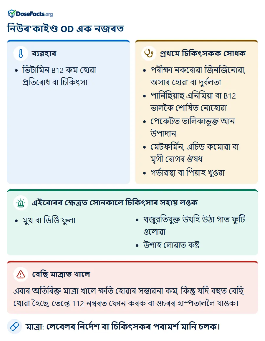 নিউৰ'কাইণ্ড OD এক নজৰত. ব্যৱহাৰ: ভিটামিন B12 কম হোৱা প্ৰতিৰোধ বা চিকিৎসা. প্ৰথমে চিকিৎসকক সোধক: পৰীক্ষা নকৰোৱা জিনজিনোৱা, অসাৰ হোৱা বা দুৰ্বলতা, পাৰ্নিছিয়াছ এনিমিয়া বা B12 ভালকৈ শোষিত নোহোৱা, পেকেটত তালিকাভুক্ত আন উপাদান, মেটফৰ্মিন, এচিড কমোৱা বা মৃগী ৰোগৰ ঔষধ, গৰ্ভাৱস্থা বা পিয়াহ খুওৱা. এইবোৰৰ ক্ষেত্ৰত সোনকালে চিকিৎসাৰ সহায় লওক: মুখ বা ডিঙি ফুলা, খজুৱতিযুক্ত উখহি উঠা গাত ফুটি ওলোৱা, উশাহ লোৱাত কষ্ট. বেছি মাত্ৰাত খালে: এবাৰ অতিৰিক্ত মাত্ৰা খালে ক্ষতি হোৱাৰ সম্ভাৱনা কম, কিন্তু যদি বহুত বেছি খোৱা হৈছে, তেন্তে 112 নম্বৰত ফোন কৰক বা ওচৰৰ হাস্পতাললৈ যাওক. মাত্ৰা: লেবেলৰ নিৰ্দেশ বা চিকিৎসকৰ পৰামৰ্শ মানি চলক.