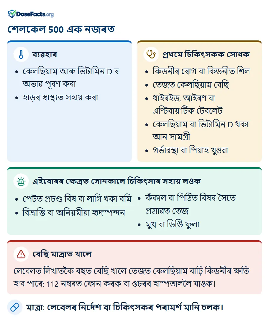 শেলকেল 500 এক নজৰত. ব্যৱহাৰ: কেলছিয়াম আৰু ভিটামিন D ৰ অভাৱ পূৰণ কৰা, হাড়ৰ স্বাস্থ্যত সহায় কৰা. প্ৰথমে চিকিৎসকক সোধক: কিডনীৰ ৰোগ বা কিডনীত শিল, তেজত কেলছিয়াম বেছি, থাইৰইড, আইৰণ বা এণ্টিবায়'টিক টেবলেট, কেলছিয়াম বা ভিটামিন D থকা আন সামগ্ৰী, গৰ্ভাৱস্থা বা পিয়াহ খুওৱা. এইবোৰৰ ক্ষেত্ৰত সোনকালে চিকিৎসাৰ সহায় লওক: পেটত প্ৰচণ্ড বিষ বা লাগি থকা বমি, বিভ্ৰান্তি বা অনিয়মীয়া হৃদস্পন্দন, কঁকাল বা পিঠিত বিষৰ সৈতে প্ৰস্ৰাৱত তেজ, মুখ বা ডিঙি ফুলা. বেছি মাত্ৰাত খালে: লেবেলত লিখাতকৈ বহুত বেছি খালে তেজত কেলছিয়াম বাঢ়ি কিডনীৰ ক্ষতি হ'ব পাৰে: 112 নম্বৰত ফোন কৰক বা ওচৰৰ হাস্পতাললৈ যাওক. মাত্ৰা: লেবেলৰ নিৰ্দেশ বা চিকিৎসকৰ পৰামৰ্শ মানি চলক.