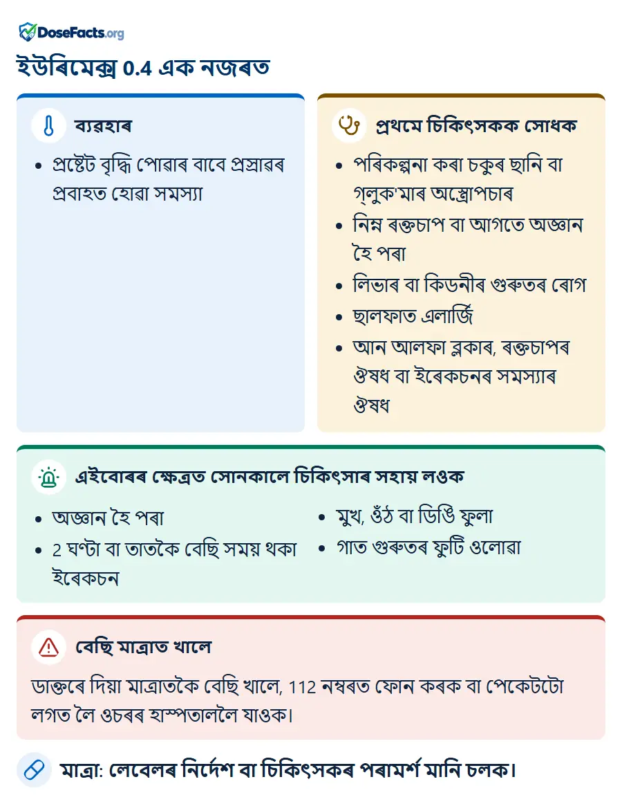 ইউৰিমেক্স 0.4 এক নজৰত. ব্যৱহাৰ: প্ৰষ্টেট বৃদ্ধি পোৱাৰ বাবে প্ৰস্ৰাৱৰ প্ৰবাহত হোৱা সমস্যা. প্ৰথমে চিকিৎসকক সোধক: পৰিকল্পনা কৰা চকুৰ ছানি বা গ্লুক'মাৰ অস্ত্ৰোপচাৰ, নিম্ন ৰক্তচাপ বা আগতে অজ্ঞান হৈ পৰা, লিভাৰ বা কিডনীৰ গুৰুতৰ ৰোগ, ছালফাত এলাৰ্জি, আন আলফা ব্লকাৰ, ৰক্তচাপৰ ঔষধ বা ইৰেকচনৰ সমস্যাৰ ঔষধ. এইবোৰৰ ক্ষেত্ৰত সোনকালে চিকিৎসাৰ সহায় লওক: অজ্ঞান হৈ পৰা, 2 ঘণ্টা বা তাতকৈ বেছি সময় থকা ইৰেকচন, মুখ, ওঁঠ বা ডিঙি ফুলা, গাত গুৰুতৰ ফুটি ওলোৱা. বেছি মাত্ৰাত খালে: ডাক্তৰে দিয়া মাত্ৰাতকৈ বেছি খালে, 112 নম্বৰত ফোন কৰক বা পেকেটটো লগত লৈ ওচৰৰ হাস্পতাললৈ যাওক. মাত্ৰা: লেবেলৰ নিৰ্দেশ বা চিকিৎসকৰ পৰামৰ্শ মানি চলক.
