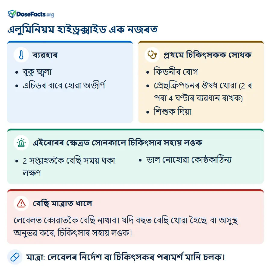 এলুমিনিয়ম হাইড্ৰক্সাইড এক নজৰত. ব্যৱহাৰ: বুকু জ্বলা, এচিডৰ বাবে হোৱা অজীৰ্ণ. প্ৰথমে চিকিৎসকক সোধক: কিডনীৰ ৰোগ, প্ৰেছক্ৰিপচনৰ ঔষধ খোৱা (2 ৰ পৰা 4 ঘণ্টাৰ ব্যৱধান ৰাখক), শিশুক দিয়া. এইবোৰৰ ক্ষেত্ৰত সোনকালে চিকিৎসাৰ সহায় লওক: 2 সপ্তাহতকৈ বেছি সময় থকা লক্ষণ, ভাল নোহোৱা কোষ্ঠকাঠিন্য. বেছি মাত্ৰাত খালে: লেবেলত কোৱাতকৈ বেছি নাখাব। যদি বহুত বেছি খোৱা হৈছে, বা অসুস্থ অনুভৱ কৰে, চিকিৎসাৰ সহায় লওক. মাত্ৰা: লেবেলৰ নিৰ্দেশ বা চিকিৎসকৰ পৰামৰ্শ মানি চলক.