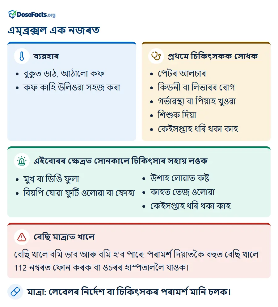 এম্ব্ৰক্সল এক নজৰত. ব্যৱহাৰ: বুকুত ডাঠ, আঠালো কফ, কফ কাহি উলিওৱা সহজ কৰা. প্ৰথমে চিকিৎসকক সোধক: পেটৰ আলচাৰ, কিডনী বা লিভাৰৰ ৰোগ, গৰ্ভাৱস্থা বা পিয়াহ খুওৱা, শিশুক দিয়া, কেইসপ্তাহ ধৰি থকা কাহ. এইবোৰৰ ক্ষেত্ৰত সোনকালে চিকিৎসাৰ সহায় লওক: মুখ বা ডিঙি ফুলা, বিয়পি যোৱা ফুটি ওলোৱা বা ফোহা, উশাহ লোৱাত কষ্ট, কাহত তেজ ওলোৱা, কেইসপ্তাহ ধৰি থকা কাহ. বেছি মাত্ৰাত খালে: বেছি খালে বমি ভাব আৰু বমি হ'ব পাৰে: পৰামৰ্শ দিয়াতকৈ বহুত বেছি খালে 112 নম্বৰত ফোন কৰক বা ওচৰৰ হাস্পতাললৈ যাওক. মাত্ৰা: লেবেলৰ নিৰ্দেশ বা চিকিৎসকৰ পৰামৰ্শ মানি চলক.