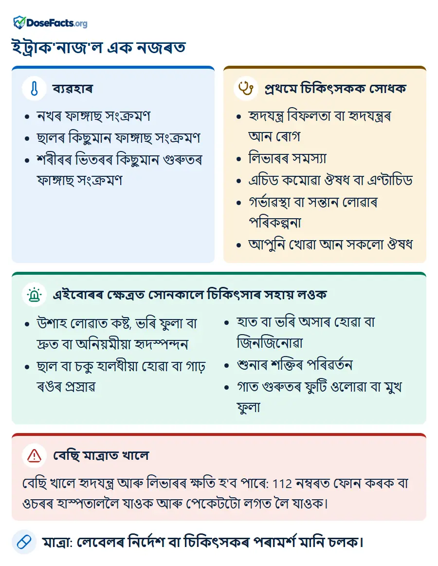 ইট্ৰাক'নাজ'ল এক নজৰত. ব্যৱহাৰ: নখৰ ফাঙ্গাছ সংক্ৰমণ, ছালৰ কিছুমান ফাঙ্গাছ সংক্ৰমণ, শৰীৰৰ ভিতৰৰ কিছুমান গুৰুতৰ ফাঙ্গাছ সংক্ৰমণ. প্ৰথমে চিকিৎসকক সোধক: হৃদযন্ত্ৰ বিফলতা বা হৃদযন্ত্ৰৰ আন ৰোগ, লিভাৰৰ সমস্যা, এচিড কমোৱা ঔষধ বা এণ্টাচিড, গৰ্ভাৱস্থা বা সন্তান লোৱাৰ পৰিকল্পনা, আপুনি খোৱা আন সকলো ঔষধ. এইবোৰৰ ক্ষেত্ৰত সোনকালে চিকিৎসাৰ সহায় লওক: উশাহ লোৱাত কষ্ট, ভৰি ফুলা বা দ্ৰুত বা অনিয়মীয়া হৃদস্পন্দন, ছাল বা চকু হালধীয়া হোৱা বা গাঢ় ৰঙৰ প্ৰস্ৰাৱ, হাত বা ভৰি অসাৰ হোৱা বা জিনজিনোৱা, শুনাৰ শক্তিৰ পৰিৱৰ্তন, গাত গুৰুতৰ ফুটি ওলোৱা বা মুখ ফুলা. বেছি মাত্ৰাত খালে: বেছি খালে হৃদযন্ত্ৰ আৰু লিভাৰৰ ক্ষতি হ'ব পাৰে: 112 নম্বৰত ফোন কৰক বা ওচৰৰ হাস্পতাললৈ যাওক আৰু পেকেটটো লগত লৈ যাওক. মাত্ৰা: লেবেলৰ নিৰ্দেশ বা চিকিৎসকৰ পৰামৰ্শ মানি চলক.