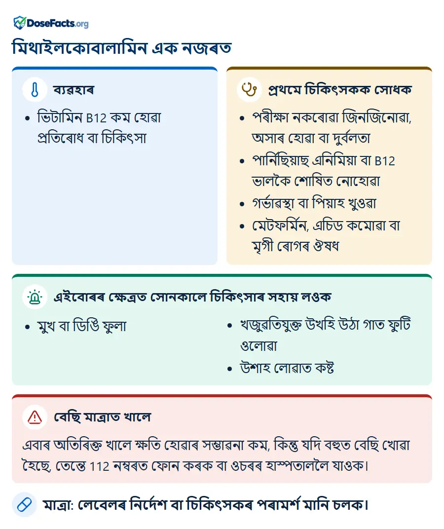 মিথাইলকোবালামিন এক নজৰত. ব্যৱহাৰ: ভিটামিন B12 কম হোৱা প্ৰতিৰোধ বা চিকিৎসা. প্ৰথমে চিকিৎসকক সোধক: পৰীক্ষা নকৰোৱা জিনজিনোৱা, অসাৰ হোৱা বা দুৰ্বলতা, পাৰ্নিছিয়াছ এনিমিয়া বা B12 ভালকৈ শোষিত নোহোৱা, গৰ্ভাৱস্থা বা পিয়াহ খুওৱা, মেটফৰ্মিন, এচিড কমোৱা বা মৃগী ৰোগৰ ঔষধ. এইবোৰৰ ক্ষেত্ৰত সোনকালে চিকিৎসাৰ সহায় লওক: মুখ বা ডিঙি ফুলা, খজুৱতিযুক্ত উখহি উঠা গাত ফুটি ওলোৱা, উশাহ লোৱাত কষ্ট. বেছি মাত্ৰাত খালে: এবাৰ অতিৰিক্ত খালে ক্ষতি হোৱাৰ সম্ভাৱনা কম, কিন্তু যদি বহুত বেছি খোৱা হৈছে, তেন্তে 112 নম্বৰত ফোন কৰক বা ওচৰৰ হাস্পতাললৈ যাওক. মাত্ৰা: লেবেলৰ নিৰ্দেশ বা চিকিৎসকৰ পৰামৰ্শ মানি চলক.