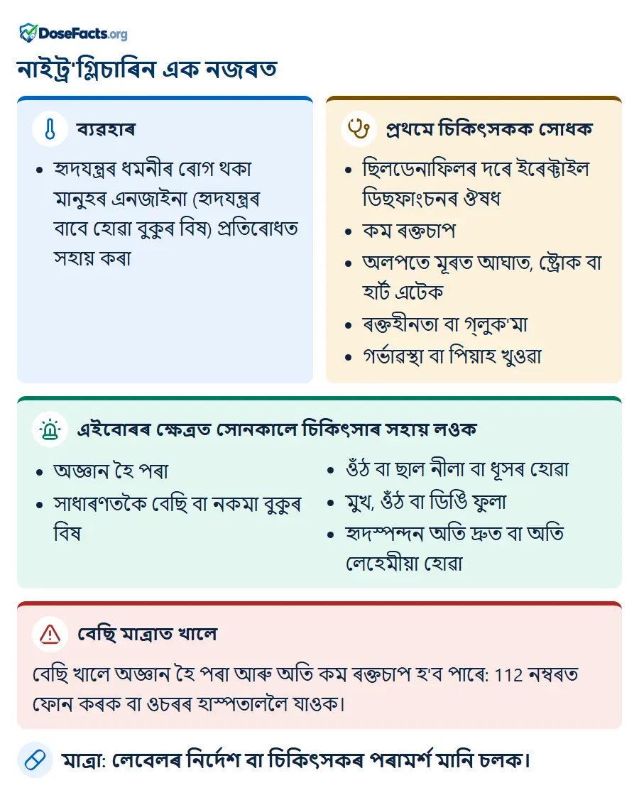 নাইট্ৰ'গ্লিচাৰিন এক নজৰত. ব্যৱহাৰ: হৃদযন্ত্ৰৰ ধমনীৰ ৰোগ থকা মানুহৰ এনজাইনা (হৃদযন্ত্ৰৰ বাবে হোৱা বুকুৰ বিষ) প্ৰতিৰোধত সহায় কৰা. প্ৰথমে চিকিৎসকক সোধক: ছিলডেনাফিলৰ দৰে ইৰেক্টাইল ডিছফাংচনৰ ঔষধ, কম ৰক্তচাপ, অলপতে মূৰত আঘাত, ষ্ট্ৰোক বা হাৰ্ট এটেক, ৰক্তহীনতা বা গ্লুক'মা, গৰ্ভাৱস্থা বা পিয়াহ খুওৱা. এইবোৰৰ ক্ষেত্ৰত সোনকালে চিকিৎসাৰ সহায় লওক: অজ্ঞান হৈ পৰা, সাধাৰণতকৈ বেছি বা নকমা বুকুৰ বিষ, ওঁঠ বা ছাল নীলা বা ধূসৰ হোৱা, মুখ, ওঁঠ বা ডিঙি ফুলা, হৃদস্পন্দন অতি দ্ৰুত বা অতি লেহেমীয়া হোৱা. বেছি মাত্ৰাত খালে: বেছি খালে অজ্ঞান হৈ পৰা আৰু অতি কম ৰক্তচাপ হ'ব পাৰে: 112 নম্বৰত ফোন কৰক বা ওচৰৰ হাস্পতাললৈ যাওক. মাত্ৰা: লেবেলৰ নিৰ্দেশ বা চিকিৎসকৰ পৰামৰ্শ মানি চলক.