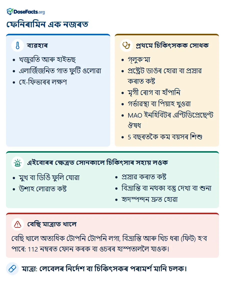 ফেনিৰামিন এক নজৰত. ব্যৱহাৰ: খজুৱতি আৰু হাইভছ, এলাৰ্জিজনিত গাত ফুটি ওলোৱা, হে-ফিভাৰৰ লক্ষণ. প্ৰথমে চিকিৎসকক সোধক: গ্লুক'মা, প্ৰষ্ট্ৰেট ডাঙৰ হোৱা বা প্ৰস্ৰাৱ কৰাত কষ্ট, মৃগী ৰোগ বা হাঁপানি, গৰ্ভাৱস্থা বা পিয়াহ খুওৱা, MAO ইনহিবিটৰ এণ্টিডিপ্ৰেছেণ্ট ঔষধ, 5 বছৰতকৈ কম বয়সৰ শিশু. এইবোৰৰ ক্ষেত্ৰত সোনকালে চিকিৎসাৰ সহায় লওক: মুখ বা ডিঙি ফুলি যোৱা, উশাহ লোৱাত কষ্ট, প্ৰস্ৰাৱ কৰাত কষ্ট, বিভ্ৰান্তি বা নথকা বস্তু দেখা বা শুনা, হৃদস্পন্দন দ্ৰুত হোৱা. বেছি মাত্ৰাত খালে: বেছি খালে অত্যধিক টোপনি টোপনি লগা, বিভ্ৰান্তি আৰু খিচ ধৰা (ফিট) হ'ব পাৰে: 112 নম্বৰত ফোন কৰক বা ওচৰৰ হাস্পতাললৈ যাওক. মাত্ৰা: লেবেলৰ নিৰ্দেশ বা চিকিৎসকৰ পৰামৰ্শ মানি চলক.