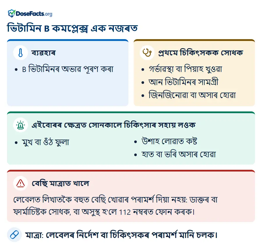 ভিটামিন B কমপ্লেক্স এক নজৰত. ব্যৱহাৰ: B ভিটামিনৰ অভাৱ পূৰণ কৰা. প্ৰথমে চিকিৎসকক সোধক: গৰ্ভাৱস্থা বা পিয়াহ খুওৱা, আন ভিটামিনৰ সামগ্ৰী, জিনজিনোৱা বা অসাৰ হোৱা. এইবোৰৰ ক্ষেত্ৰত সোনকালে চিকিৎসাৰ সহায় লওক: মুখ বা ওঁঠ ফুলা, উশাহ লোৱাত কষ্ট, হাত বা ভৰি অসাৰ হোৱা. বেছি মাত্ৰাত খালে: লেবেলত লিখাতকৈ বহুত বেছি খোৱাৰ পৰামৰ্শ দিয়া নহয়: ডাক্তৰ বা ফাৰ্মাচিষ্টক সোধক, বা অসুস্থ হ'লে 112 নম্বৰত ফোন কৰক. মাত্ৰা: লেবেলৰ নিৰ্দেশ বা চিকিৎসকৰ পৰামৰ্শ মানি চলক.
