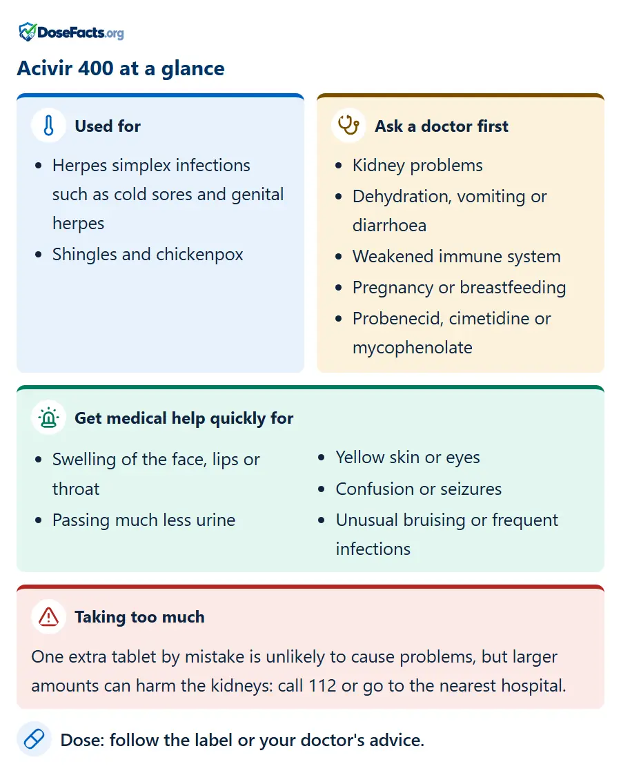 Acivir 400 at a glance. Used for: Herpes simplex infections such as cold sores and genital herpes, Shingles and chickenpox. Ask a doctor first: Kidney problems, Dehydration, vomiting or diarrhoea, Weakened immune system, Pregnancy or breastfeeding, Probenecid, cimetidine or mycophenolate. Get medical help quickly for: Swelling of the face, lips or throat, Passing much less urine, Yellow skin or eyes, Confusion or seizures, Unusual bruising or frequent infections. Taking too much: One extra tablet by mistake is unlikely to cause problems, but larger amounts can harm the kidneys: call 112 or go to the nearest hospital. Dose: follow the label or your doctor's advice.