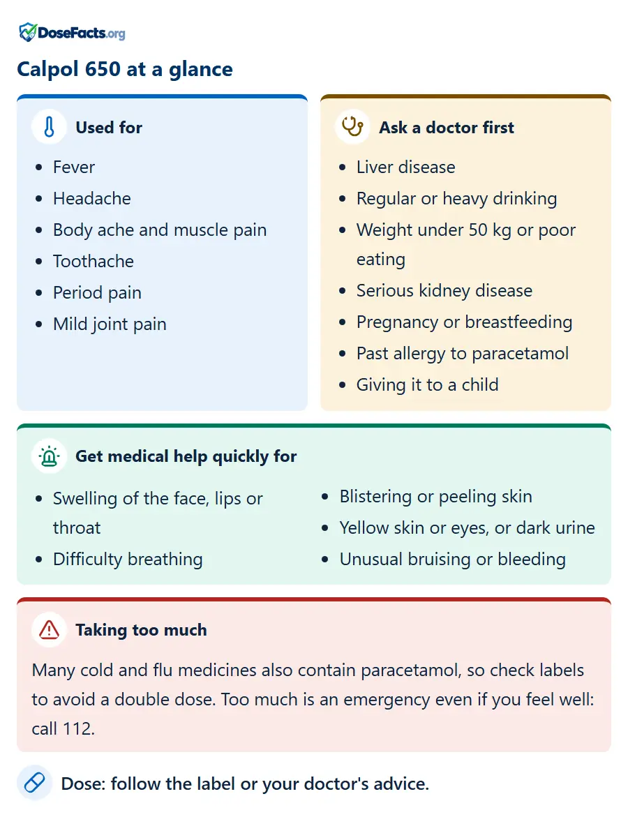 Calpol 650 at a glance. Used for: Fever, Headache, Body ache and muscle pain, Toothache, Period pain, Mild joint pain. Ask a doctor first: Liver disease, Regular or heavy drinking, Weight under 50 kg or poor eating, Serious kidney disease, Pregnancy or breastfeeding, Past allergy to paracetamol, Giving it to a child. Get medical help quickly for: Swelling of the face, lips or throat, Difficulty breathing, Blistering or peeling skin, Yellow skin or eyes, or dark urine, Unusual bruising or bleeding. Taking too much: Many cold and flu medicines also contain paracetamol, so check labels to avoid a double dose. Too much is an emergency even if you feel well: call 112. Dose: follow the label or your doctor's advice.