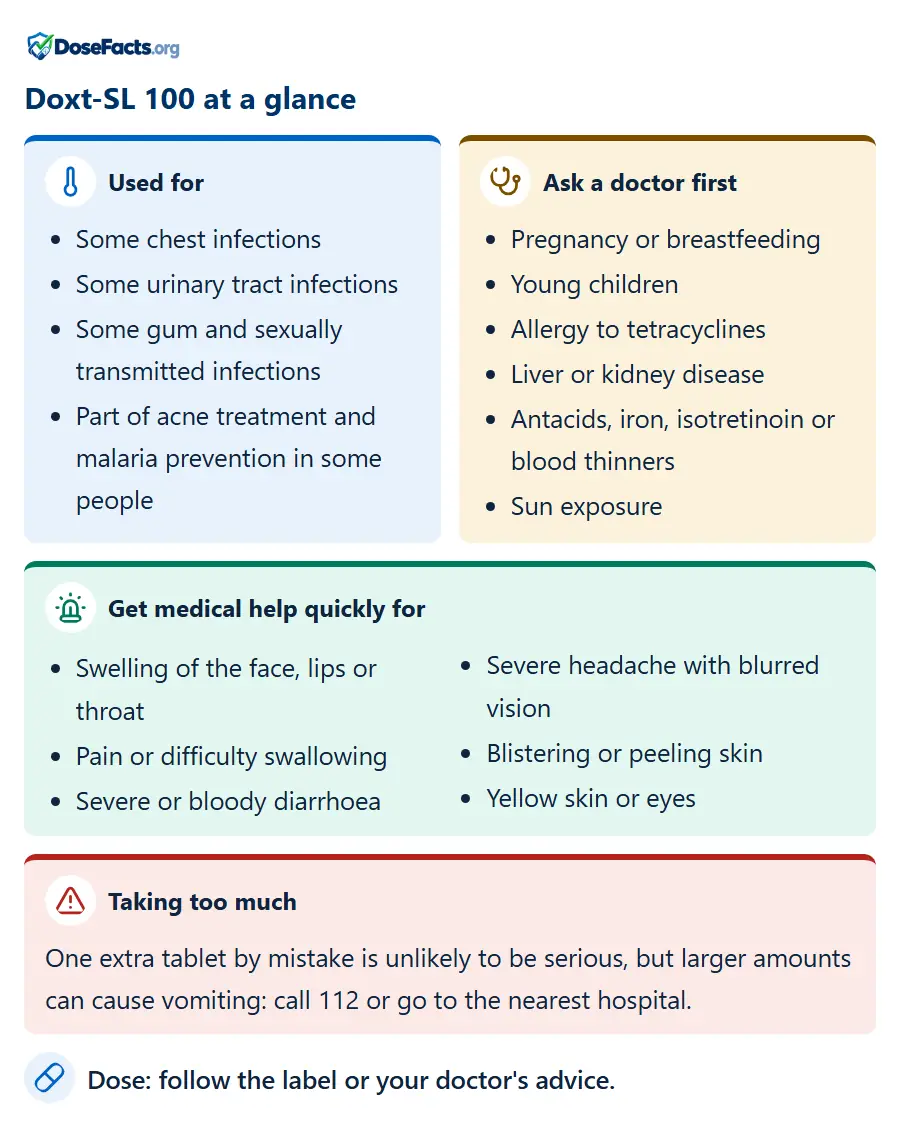Doxt-SL 100 at a glance. Used for: Some chest infections, Some urinary tract infections, Some gum and sexually transmitted infections, Part of acne treatment and malaria prevention in some people. Ask a doctor first: Pregnancy or breastfeeding, Young children, Allergy to tetracyclines, Liver or kidney disease, Antacids, iron, isotretinoin or blood thinners, Sun exposure. Get medical help quickly for: Swelling of the face, lips or throat, Pain or difficulty swallowing, Severe or bloody diarrhoea, Severe headache with blurred vision, Blistering or peeling skin, Yellow skin or eyes. Taking too much: One extra tablet by mistake is unlikely to be serious, but larger amounts can cause vomiting: call 112 or go to the nearest hospital. Dose: follow the label or your doctor's advice.
