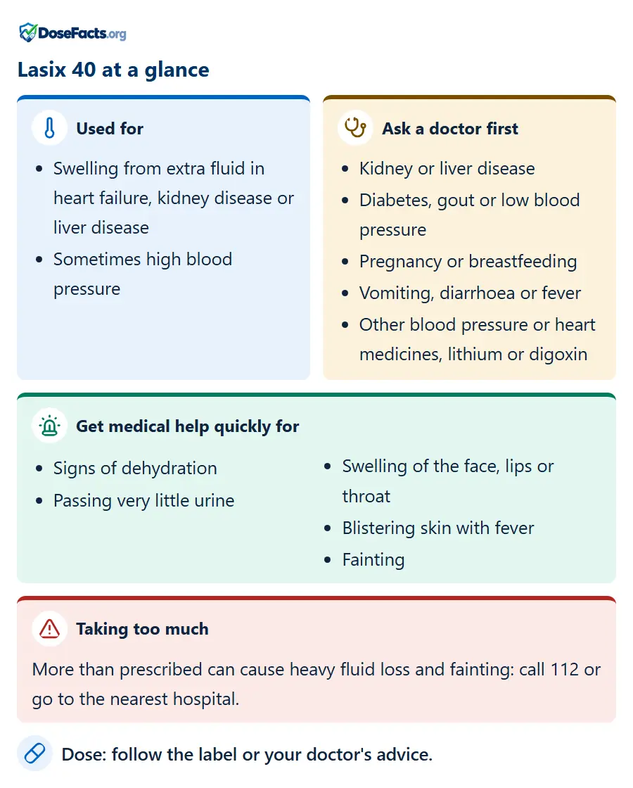 Lasix 40 at a glance. Used for: Swelling from extra fluid in heart failure, kidney disease or liver disease, Sometimes high blood pressure. Ask a doctor first: Kidney or liver disease, Diabetes, gout or low blood pressure, Pregnancy or breastfeeding, Vomiting, diarrhoea or fever, Other blood pressure or heart medicines, lithium or digoxin. Get medical help quickly for: Signs of dehydration, Passing very little urine, Swelling of the face, lips or throat, Blistering skin with fever, Fainting. Taking too much: More than prescribed can cause heavy fluid loss and fainting: call 112 or go to the nearest hospital. Dose: follow the label or your doctor's advice.