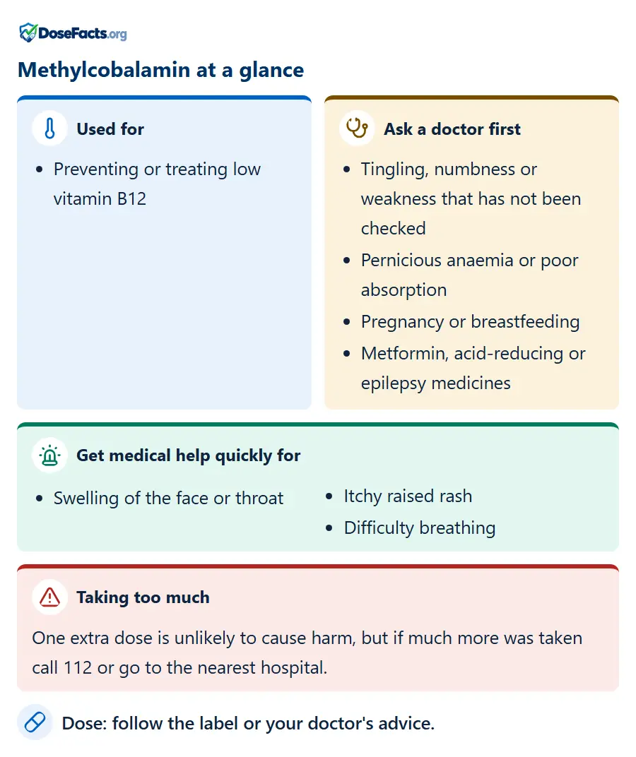 Methylcobalamin at a glance. Used for: Preventing or treating low vitamin B12. Ask a doctor first: Tingling, numbness or weakness that has not been checked, Pernicious anaemia or poor absorption, Pregnancy or breastfeeding, Metformin, acid-reducing or epilepsy medicines. Get medical help quickly for: Swelling of the face or throat, Itchy raised rash, Difficulty breathing. Taking too much: One extra dose is unlikely to cause harm, but if much more was taken call 112 or go to the nearest hospital. Dose: follow the label or your doctor's advice.
