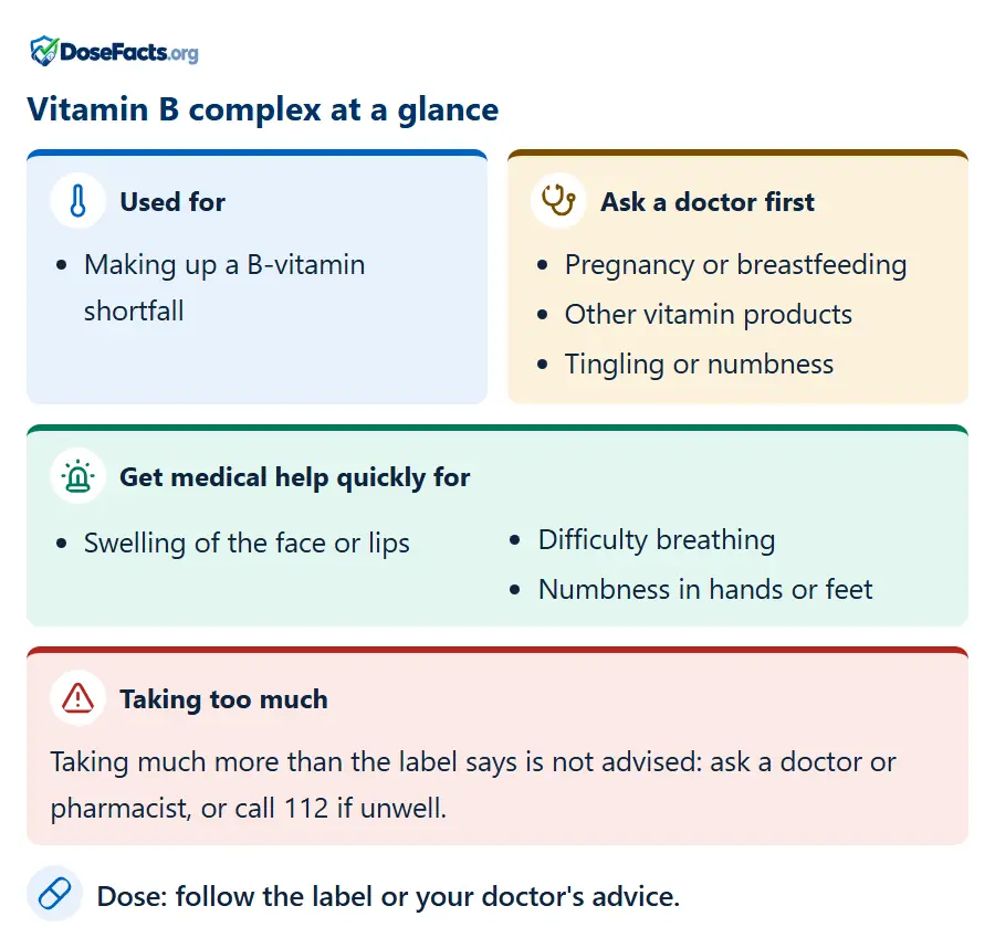 Vitamin B complex at a glance. Used for: Making up a B-vitamin shortfall. Ask a doctor first: Pregnancy or breastfeeding, Other vitamin products, Tingling or numbness. Get medical help quickly for: Swelling of the face or lips, Difficulty breathing, Numbness in hands or feet. Taking too much: Taking much more than the label says is not advised: ask a doctor or pharmacist, or call 112 if unwell. Dose: follow the label or your doctor's advice.