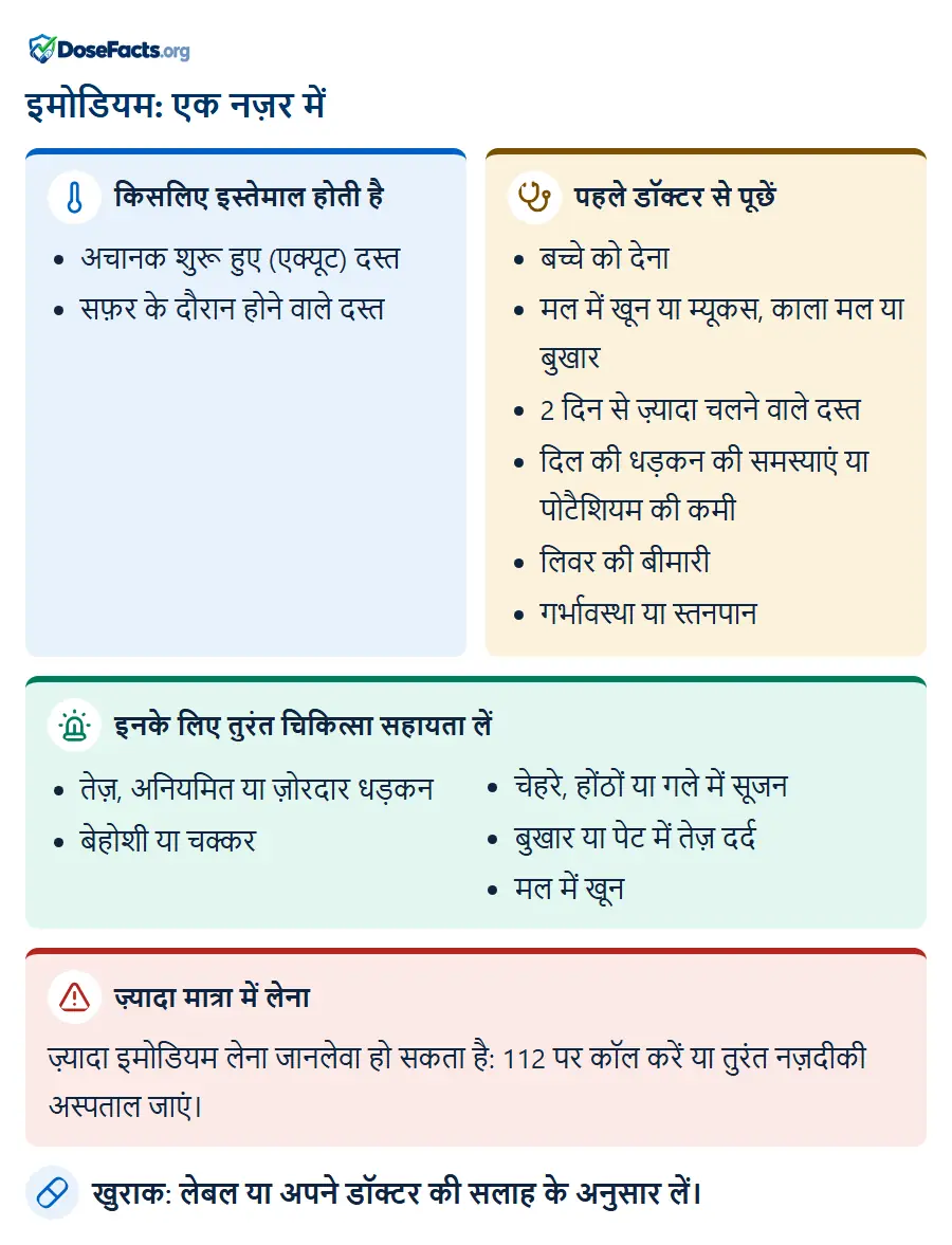 इमोडियम: एक नज़र में. किसलिए इस्तेमाल होती है: अचानक शुरू हुए (एक्यूट) दस्त, सफ़र के दौरान होने वाले दस्. पहले डॉक्टर से पूछें: बच्चे को देना, मल में खून या म्यूकस, काला मल या बुखार, 2 दिन से ज़्यादा चलने वाले दस्त, दिल की धड़कन की समस्याएं या पोटैशियम की कमी, लिवर की बीमारी, गर्भावस्था या स्तनपान. इनके लिए तुरंत चिकित्सा सहायता लें: तेज़, अनियमित या ज़ोरदार धड़कन, बेहोशी या चक्कर, चेहरे, होंठों या गले में सूजन, बुखार या पेट में तेज़ दर्द, मल में खून. ज़्यादा मात्रा में लेना: ज़्यादा इमोडियम लेना जानलेवा हो सकता है: 112 पर कॉल करें या तुरंत नज़दीकी अस्पताल जाएं. खुराक: लेबल या अपने डॉक्टर की सलाह के अनुसार लें.