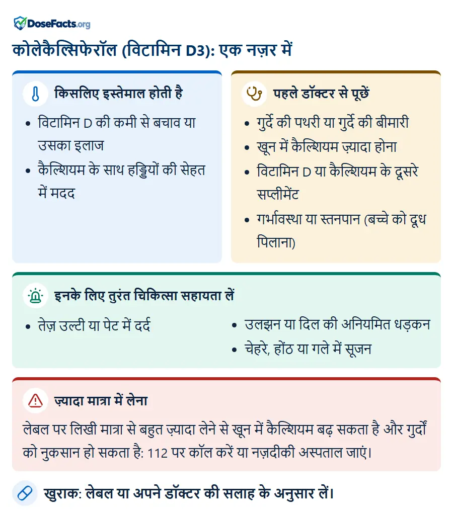 कोलेकैल्सिफेरॉल (विटामिन D3): एक नज़र में. किसलिए इस्तेमाल होती है: विटामिन D की कमी से बचाव या उसका इलाज, कैल्शियम के साथ हड्डियों की सेहत में मदद. पहले डॉक्टर से पूछें: गुर्दे की पथरी या गुर्दे की बीमारी, खून में कैल्शियम ज़्यादा होना, विटामिन D या कैल्शियम के दूसरे सप्लीमेंट, गर्भावस्था या स्तनपान (बच्चे को दूध पिलाना). इनके लिए तुरंत चिकित्सा सहायता लें: तेज़ उल्टी या पेट में दर्द, उलझन या दिल की अनियमित धड़कन, चेहरे, होंठ या गले में सूजन. ज़्यादा मात्रा में लेना: लेबल पर लिखी मात्रा से बहुत ज़्यादा लेने से खून में कैल्शियम बढ़ सकता है और गुर्दों को नुकसान हो सकता है: 112 पर कॉल करें या नज़दीकी अस्पताल जाएं. खुराक: लेबल या अपने डॉक्टर की सलाह के अनुसार लें.