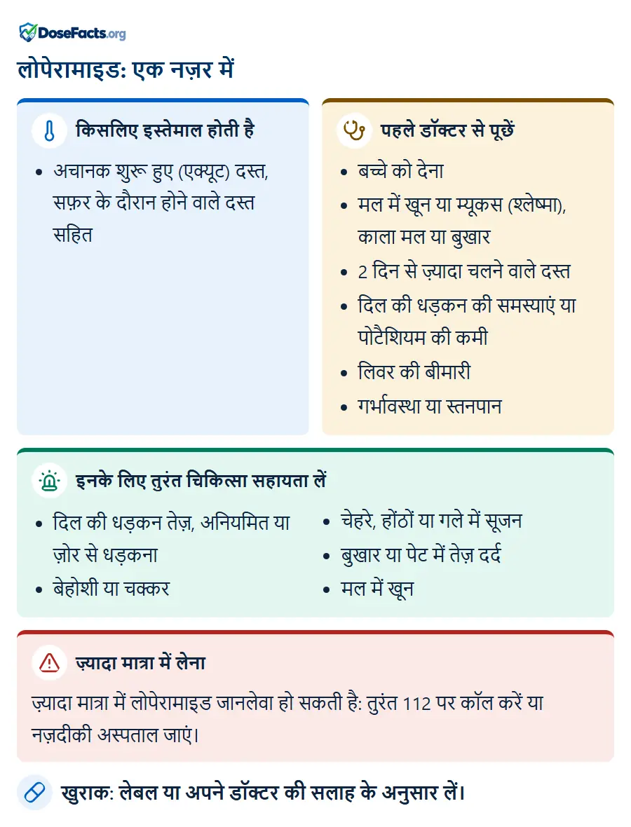 लोपेरामाइड: एक नज़र में. किसलिए इस्तेमाल होती है: अचानक शुरू हुए (एक्यूट) दस्त, सफ़र के दौरान होने वाले दस्त सहि. पहले डॉक्टर से पूछें: बच्चे को देना, मल में खून या म्यूकस (श्लेष्मा), काला मल या बुखार, 2 दिन से ज़्यादा चलने वाले दस्त, दिल की धड़कन की समस्याएं या पोटैशियम की कमी, लिवर की बीमारी, गर्भावस्था या स्तनपान. इनके लिए तुरंत चिकित्सा सहायता लें: दिल की धड़कन तेज़, अनियमित या ज़ोर से धड़कना, बेहोशी या चक्कर, चेहरे, होंठों या गले में सूजन, बुखार या पेट में तेज़ दर्द, मल में खून. ज़्यादा मात्रा में लेना: ज़्यादा मात्रा में लोपेरामाइड जानलेवा हो सकती है: तुरंत 112 पर कॉल करें या नज़दीकी अस्पताल जाएं. खुराक: लेबल या अपने डॉक्टर की सलाह के अनुसार लें.