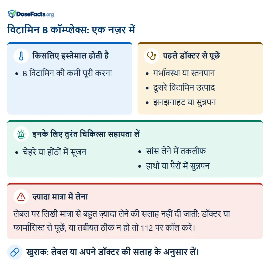 विटामिन B कॉम्प्लेक्स: एक नज़र में. किसलिए इस्तेमाल होती है: B विटामिन की कमी पूरी करना. पहले डॉक्टर से पूछें: गर्भावस्था या स्तनपान, दूसरे विटामिन उत्पाद, झनझनाहट या सुन्नपन. इनके लिए तुरंत चिकित्सा सहायता लें: चेहरे या होंठों में सूजन, सांस लेने में तकलीफ, हाथों या पैरों में सुन्नपन. ज़्यादा मात्रा में लेना: लेबल पर लिखी मात्रा से बहुत ज़्यादा लेने की सलाह नहीं दी जाती: डॉक्टर या फार्मासिस्ट से पूछें, या तबीयत ठीक न हो तो 112 पर कॉल करें. खुराक: लेबल या अपने डॉक्टर की सलाह के अनुसार लें.
