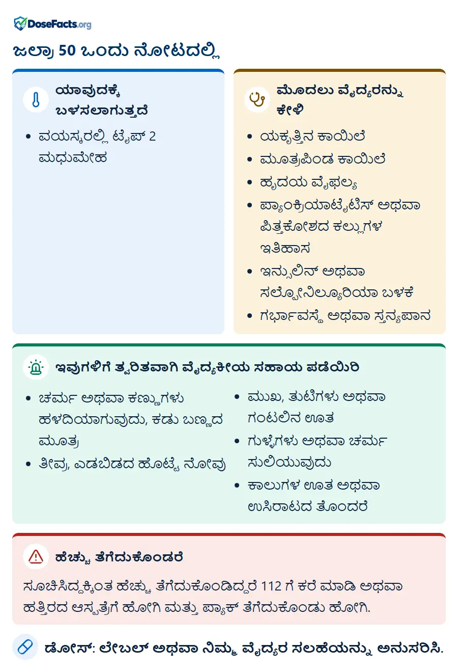 ಜಲ್ರಾ 50 ಒಂದು ನೋಟದಲ್ಲಿ. ಯಾವುದಕ್ಕೆ ಬಳಸಲಾಗುತ್ತದೆ: ವಯಸ್ಕರಲ್ಲಿ ಟೈಪ್ 2 ಮಧುಮೇಹ. ಮೊದಲು ವೈದ್ಯರನ್ನು ಕೇಳಿ: ಯಕೃತ್ತಿನ ಕಾಯಿಲೆ, ಮೂತ್ರಪಿಂಡ ಕಾಯಿಲೆ, ಹೃದಯ ವೈಫಲ್ಯ, ಪ್ಯಾಂಕ್ರಿಯಾಟೈಟಿಸ್ ಅಥವಾ ಪಿತ್ತಕೋಶದ ಕಲ್ಲುಗಳ ಇತಿಹಾಸ, ಇನ್ಸುಲಿನ್ ಅಥವಾ ಸಲ್ಫೋನಿಲ್ಯೂರಿಯಾ ಬಳಕೆ, ಗರ್ಭಾವಸ್ಥೆ ಅಥವಾ ಸ್ತನ್ಯಪಾನ. ಇವುಗಳಿಗೆ ತ್ವರಿತವಾಗಿ ವೈದ್ಯಕೀಯ ಸಹಾಯ ಪಡೆಯಿರಿ: ಚರ್ಮ ಅಥವಾ ಕಣ್ಣುಗಳು ಹಳದಿಯಾಗುವುದು, ಕಡು ಬಣ್ಣದ ಮೂತ್ರ, ತೀವ್ರ, ಎಡಬಿಡದ ಹೊಟ್ಟೆ ನೋವು, ಮುಖ, ತುಟಿಗಳು ಅಥವಾ ಗಂಟಲಿನ ಊತ, ಗುಳ್ಳೆಗಳು ಅಥವಾ ಚರ್ಮ ಸುಲಿಯುವುದು, ಕಾಲುಗಳ ಊತ ಅಥವಾ ಉಸಿರಾಟದ ತೊಂದರೆ. ಹೆಚ್ಚು ತೆಗೆದುಕೊಂಡರೆ: ಸೂಚಿಸಿದ್ದಕ್ಕಿಂತ ಹೆಚ್ಚು ತೆಗೆದುಕೊಂಡಿದ್ದರೆ 112 ಗೆ ಕರೆ ಮಾಡಿ ಅಥವಾ ಹತ್ತಿರದ ಆಸ್ಪತ್ರೆಗೆ ಹೋಗಿ ಮತ್ತು ಪ್ಯಾಕ್ ತೆಗೆದುಕೊಂಡು ಹೋಗಿ. ಡೋಸ್: ಲೇಬಲ್ ಅಥವಾ ನಿಮ್ಮ ವೈದ್ಯರ ಸಲಹೆಯನ್ನು ಅನುಸರಿಸಿ.