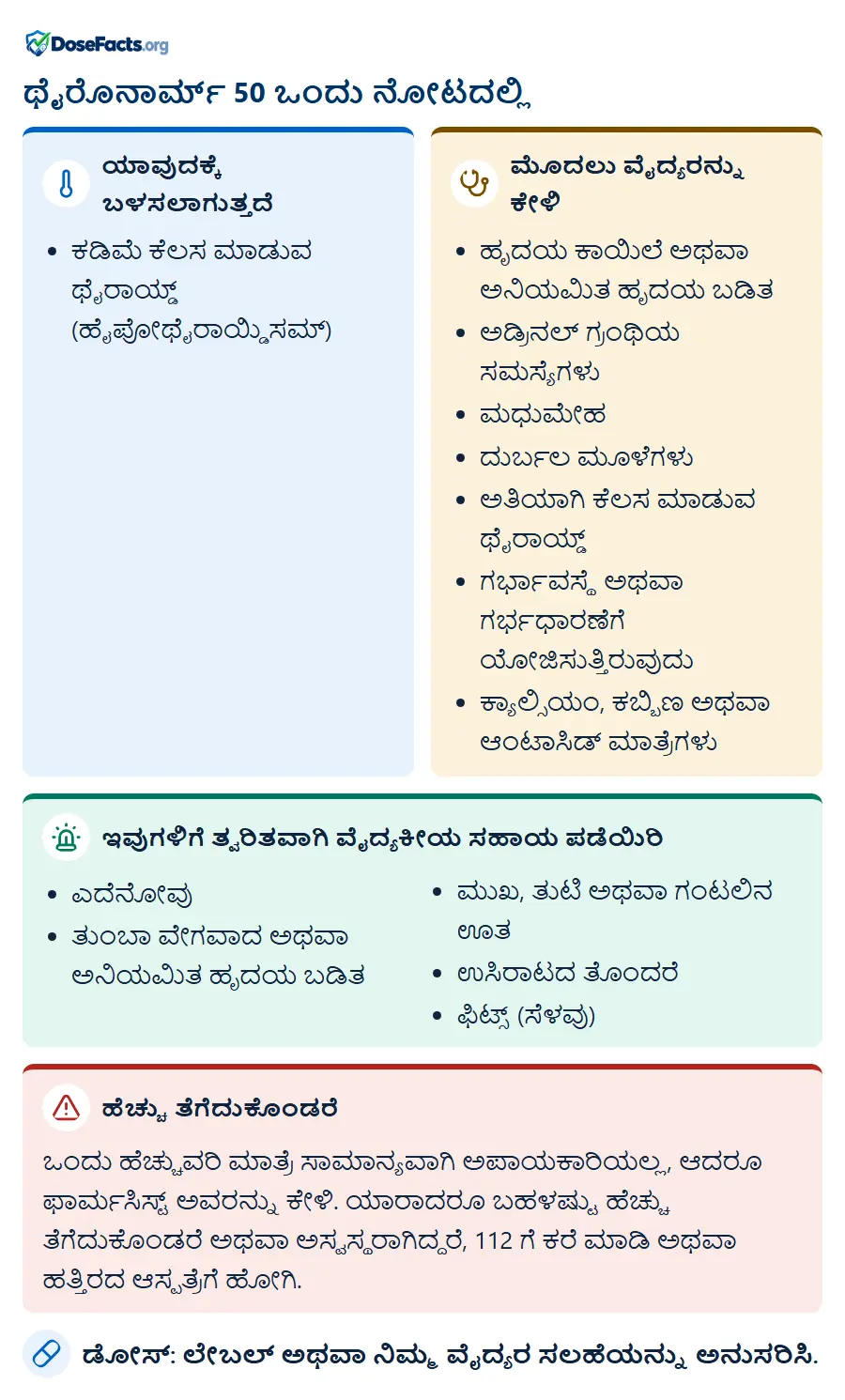 ಥೈರೊನಾರ್ಮ್ 50 ಒಂದು ನೋಟದಲ್ಲಿ. ಯಾವುದಕ್ಕೆ ಬಳಸಲಾಗುತ್ತದೆ: ಕಡಿಮೆ ಕೆಲಸ ಮಾಡುವ ಥೈರಾಯ್ಡ್ (ಹೈಪೋಥೈರಾಯ್ಡಿಸಮ್). ಮೊದಲು ವೈದ್ಯರನ್ನು ಕೇಳಿ: ಹೃದಯ ಕಾಯಿಲೆ ಅಥವಾ ಅನಿಯಮಿತ ಹೃದಯ ಬಡಿತ, ಅಡ್ರಿನಲ್ ಗ್ರಂಥಿಯ ಸಮಸ್ಯೆಗಳು, ಮಧುಮೇಹ, ದುರ್ಬಲ ಮೂಳೆಗಳು, ಅತಿಯಾಗಿ ಕೆಲಸ ಮಾಡುವ ಥೈರಾಯ್ಡ್, ಗರ್ಭಾವಸ್ಥೆ ಅಥವಾ ಗರ್ಭಧಾರಣೆಗೆ ಯೋಜಿಸುತ್ತಿರುವುದು, ಕ್ಯಾಲ್ಸಿಯಂ, ಕಬ್ಬಿಣ ಅಥವಾ ಆಂಟಾಸಿಡ್ ಮಾತ್ರೆಗಳು. ಇವುಗಳಿಗೆ ತ್ವರಿತವಾಗಿ ವೈದ್ಯಕೀಯ ಸಹಾಯ ಪಡೆಯಿರಿ: ಎದೆನೋವು, ತುಂಬಾ ವೇಗವಾದ ಅಥವಾ ಅನಿಯಮಿತ ಹೃದಯ ಬಡಿತ, ಮುಖ, ತುಟಿ ಅಥವಾ ಗಂಟಲಿನ ಊತ, ಉಸಿರಾಟದ ತೊಂದರೆ, ಫಿಟ್ಸ್ (ಸೆಳವು). ಹೆಚ್ಚು ತೆಗೆದುಕೊಂಡರೆ: ಒಂದು ಹೆಚ್ಚುವರಿ ಮಾತ್ರೆ ಸಾಮಾನ್ಯವಾಗಿ ಅಪಾಯಕಾರಿಯಲ್ಲ, ಆದರೂ ಫಾರ್ಮಸಿಸ್ಟ್ ಅವರನ್ನು ಕೇಳಿ. ಯಾರಾದರೂ ಬಹಳಷ್ಟು ಹೆಚ್ಚು ತೆಗೆದುಕೊಂಡರೆ ಅಥವಾ ಅಸ್ವಸ್ಥರಾಗಿದ್ದರೆ, 112 ಗೆ ಕರೆ ಮಾಡಿ ಅಥವಾ ಹತ್ತಿರದ ಆಸ್ಪತ್ರೆಗೆ ಹೋಗಿ. ಡೋಸ್: ಲೇಬಲ್ ಅಥವಾ ನಿಮ್ಮ ವೈದ್ಯರ ಸಲಹೆಯನ್ನು ಅನುಸರಿಸಿ.
