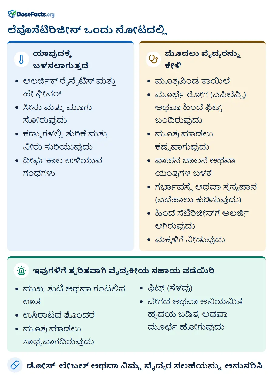 ಲೆವೊಸೆಟಿರಿಜೀನ್ ಒಂದು ನೋಟದಲ್ಲಿ. ಯಾವುದಕ್ಕೆ ಬಳಸಲಾಗುತ್ತದೆ: ಅಲರ್ಜಿಕ್ ರೈನೈಟಿಸ್ ಮತ್ತು ಹೇ ಫೀವರ್, ಸೀನು ಮತ್ತು ಮೂಗು ಸೋರುವುದು, ಕಣ್ಣುಗಳಲ್ಲಿ ತುರಿಕೆ ಮತ್ತು ನೀರು ಸುರಿಯುವುದು, ದೀರ್ಘಕಾಲ ಉಳಿಯುವ ಗಂಧೆಗಳು. ಮೊದಲು ವೈದ್ಯರನ್ನು ಕೇಳಿ: ಮೂತ್ರಪಿಂಡ ಕಾಯಿಲೆ, ಮೂರ್ಛೆ ರೋಗ (ಎಪಿಲೆಪ್ಸಿ) ಅಥವಾ ಹಿಂದೆ ಫಿಟ್ಸ್ ಬಂದಿರುವುದು, ಮೂತ್ರ ಮಾಡಲು ಕಷ್ಟವಾಗುವುದು, ವಾಹನ ಚಾಲನೆ ಅಥವಾ ಯಂತ್ರಗಳ ಬಳಕೆ, ಗರ್ಭಾವಸ್ಥೆ ಅಥವಾ ಸ್ತನ್ಯಪಾನ (ಎದೆಹಾಲು ಕುಡಿಸುವುದು), ಹಿಂದೆ ಸೆಟಿರಿಜೀನ್ಗೆ ಅಲರ್ಜಿ ಆಗಿರುವುದು, ಮಕ್ಕಳಿಗೆ ನೀಡುವುದು. ಇವುಗಳಿಗೆ ತ್ವರಿತವಾಗಿ ವೈದ್ಯಕೀಯ ಸಹಾಯ ಪಡೆಯಿರಿ: ಮುಖ, ತುಟಿ ಅಥವಾ ಗಂಟಲಿನ ಊತ, ಉಸಿರಾಟದ ತೊಂದರೆ, ಮೂತ್ರ ಮಾಡಲು ಸಾಧ್ಯವಾಗದಿರುವುದು, ಫಿಟ್ಸ್ (ಸೆಳವು), ವೇಗದ ಅಥವಾ ಅನಿಯಮಿತ ಹೃದಯ ಬಡಿತ, ಅಥವಾ ಮೂರ್ಛೆ ಹೋಗುವುದು. ಡೋಸ್: ಲೇಬಲ್ ಅಥವಾ ನಿಮ್ಮ ವೈದ್ಯರ ಸಲಹೆಯನ್ನು ಅನುಸರಿಸಿ.