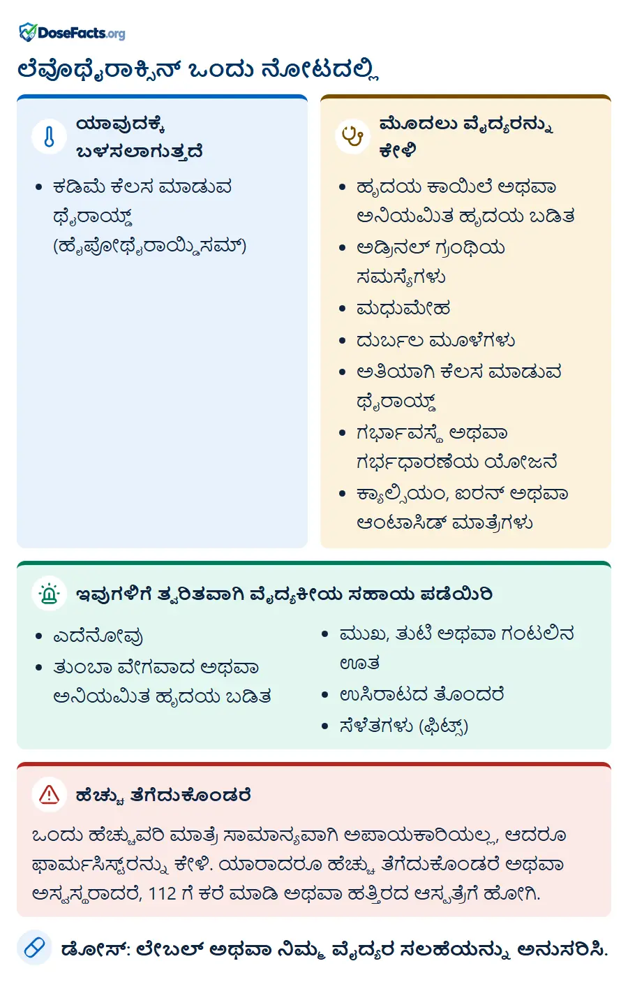ಲೆವೊಥೈರಾಕ್ಸಿನ್ ಒಂದು ನೋಟದಲ್ಲಿ. ಯಾವುದಕ್ಕೆ ಬಳಸಲಾಗುತ್ತದೆ: ಕಡಿಮೆ ಕೆಲಸ ಮಾಡುವ ಥೈರಾಯ್ಡ್ (ಹೈಪೋಥೈರಾಯ್ಡಿಸಮ್). ಮೊದಲು ವೈದ್ಯರನ್ನು ಕೇಳಿ: ಹೃದಯ ಕಾಯಿಲೆ ಅಥವಾ ಅನಿಯಮಿತ ಹೃದಯ ಬಡಿತ, ಅಡ್ರಿನಲ್ ಗ್ರಂಥಿಯ ಸಮಸ್ಯೆಗಳು, ಮಧುಮೇಹ, ದುರ್ಬಲ ಮೂಳೆಗಳು, ಅತಿಯಾಗಿ ಕೆಲಸ ಮಾಡುವ ಥೈರಾಯ್ಡ್, ಗರ್ಭಾವಸ್ಥೆ ಅಥವಾ ಗರ್ಭಧಾರಣೆಯ ಯೋಜನೆ, ಕ್ಯಾಲ್ಸಿಯಂ, ಐರನ್ ಅಥವಾ ಆಂಟಾಸಿಡ್ ಮಾತ್ರೆಗಳು. ಇವುಗಳಿಗೆ ತ್ವರಿತವಾಗಿ ವೈದ್ಯಕೀಯ ಸಹಾಯ ಪಡೆಯಿರಿ: ಎದೆನೋವು, ತುಂಬಾ ವೇಗವಾದ ಅಥವಾ ಅನಿಯಮಿತ ಹೃದಯ ಬಡಿತ, ಮುಖ, ತುಟಿ ಅಥವಾ ಗಂಟಲಿನ ಊತ, ಉಸಿರಾಟದ ತೊಂದರೆ, ಸೆಳೆತಗಳು (ಫಿಟ್ಸ್). ಹೆಚ್ಚು ತೆಗೆದುಕೊಂಡರೆ: ಒಂದು ಹೆಚ್ಚುವರಿ ಮಾತ್ರೆ ಸಾಮಾನ್ಯವಾಗಿ ಅಪಾಯಕಾರಿಯಲ್ಲ, ಆದರೂ ಫಾರ್ಮಸಿಸ್ಟ್ರನ್ನು ಕೇಳಿ. ಯಾರಾದರೂ ಹೆಚ್ಚು ತೆಗೆದುಕೊಂಡರೆ ಅಥವಾ ಅಸ್ವಸ್ಥರಾದರೆ, 112 ಗೆ ಕರೆ ಮಾಡಿ ಅಥವಾ ಹತ್ತಿರದ ಆಸ್ಪತ್ರೆಗೆ ಹೋಗಿ. ಡೋಸ್: ಲೇಬಲ್ ಅಥವಾ ನಿಮ್ಮ ವೈದ್ಯರ ಸಲಹೆಯನ್ನು ಅನುಸರಿಸಿ.