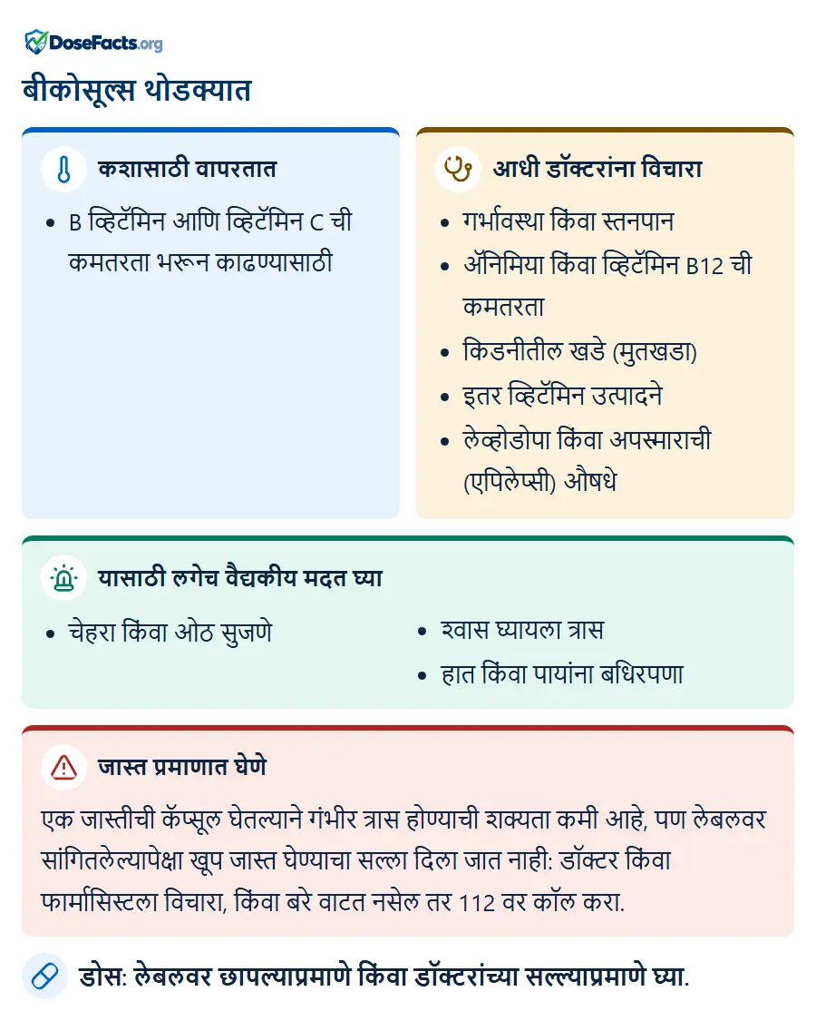 बीकोसूल्स थोडक्यात. कशासाठी वापरतात: B व्हिटॅमिन आणि व्हिटॅमिन C ची कमतरता भरून काढण्यासाठी. आधी डॉक्टरांना विचारा: गर्भावस्था किंवा स्तनपान, ॲनिमिया किंवा व्हिटॅमिन B12 ची कमतरता, किडनीतील खडे (मुतखडा), इतर व्हिटॅमिन उत्पादने, लेव्होडोपा किंवा अपस्माराची (एपिलेप्सी) औषधे. यासाठी लगेच वैद्यकीय मदत घ्या: चेहरा किंवा ओठ सुजणे, श्वास घ्यायला त्रास, हात किंवा पायांना बधिरपणा. जास्त प्रमाणात घेणे: एक जास्तीची कॅप्सूल घेतल्याने गंभीर त्रास होण्याची शक्यता कमी आहे, पण लेबलवर सांगितलेल्यापेक्षा खूप जास्त घेण्याचा सल्ला दिला जात नाही: डॉक्टर किंवा फार्मासिस्टला विचारा, किंवा बरे वाटत नसेल तर 112 वर कॉल करा. डोस: लेबलवर छापल्याप्रमाणे किंवा डॉक्टरांच्या सल्ल्याप्रमाणे घ्या.
