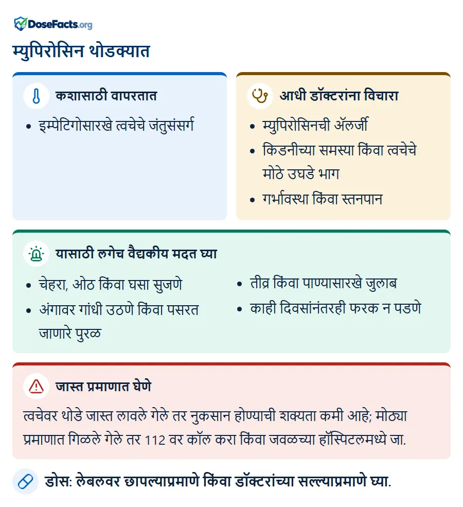 म्युपिरोसिन थोडक्यात. कशासाठी वापरतात: इम्पेटिगोसारखे त्वचेचे जंतुसंसर्ग. आधी डॉक्टरांना विचारा: म्युपिरोसिनची ॲलर्जी, किडनीच्या समस्या किंवा त्वचेचे मोठे उघडे भाग, गर्भावस्था किंवा स्तनपान. यासाठी लगेच वैद्यकीय मदत घ्या: चेहरा, ओठ किंवा घसा सुजणे, अंगावर गांधी उठणे किंवा पसरत जाणारे पुरळ, तीव्र किंवा पाण्यासारखे जुलाब, काही दिवसांनंतरही फरक न पडणे. जास्त प्रमाणात घेणे: त्वचेवर थोडे जास्त लावले गेले तर नुकसान होण्याची शक्यता कमी आहे; मोठ्या प्रमाणात गिळले गेले तर 112 वर कॉल करा किंवा जवळच्या हॉस्पिटलमध्ये जा. डोस: लेबलवर छापल्याप्रमाणे किंवा डॉक्टरांच्या सल्ल्याप्रमाणे घ्या.