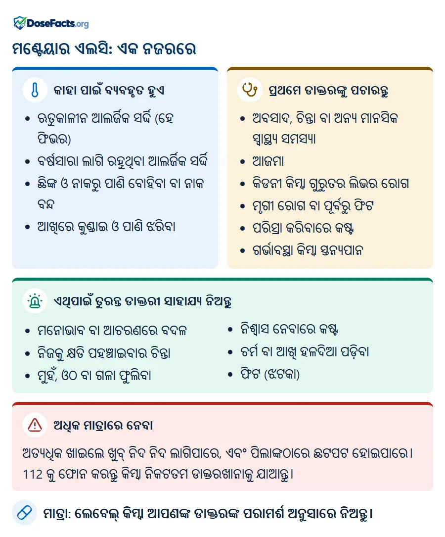 ମଣ୍ଟେୟାର ଏଲସି: ଏକ ନଜରରେ. କାହା ପାଇଁ ବ୍ୟବହୃତ ହୁଏ: ଋତୁକାଳୀନ ଆଲର୍ଜିକ ସର୍ଦ୍ଦି (ହେ ଫିଭର), ବର୍ଷସାରା ଲାଗି ରହୁଥିବା ଆଲର୍ଜିକ ସର୍ଦ୍ଦି, ଛିଙ୍କ ଓ ନାକରୁ ପାଣି ବୋହିବା ବା ନାକ ବନ୍ଦ, ଆଖିରେ କୁଣ୍ଡାଇ ଓ ପାଣି ଝରିବା. ପ୍ରଥମେ ଡାକ୍ତରଙ୍କୁ ପଚାରନ୍ତୁ: ଅବସାଦ, ଚିନ୍ତା ବା ଅନ୍ୟ ମାନସିକ ସ୍ୱାସ୍ଥ୍ୟ ସମସ୍ୟା, ଆଜମା, କିଡନୀ କିମ୍ବା ଗୁରୁତର ଲିଭର ରୋଗ, ମୃଗୀ ରୋଗ ବା ପୂର୍ବରୁ ଫିଟ, ପରିସ୍ରା କରିବାରେ କଷ୍ଟ, ଗର୍ଭାବସ୍ଥା କିମ୍ବା ସ୍ତନ୍ୟପାନ. ଏଥିପାଇଁ ତୁରନ୍ତ ଡାକ୍ତରୀ ସାହାଯ୍ୟ ନିଅନ୍ତୁ: ମନୋଭାବ ବା ଆଚରଣରେ ବଦଳ, ନିଜକୁ କ୍ଷତି ପହଞ୍ଚାଇବାର ଚିନ୍ତା, ମୁହଁ, ଓଠ ବା ଗଳା ଫୁଲିବା, ନିଶ୍ୱାସ ନେବାରେ କଷ୍ଟ, ଚର୍ମ ବା ଆଖି ହଳଦିଆ ପଡ଼ିବା, ଫିଟ (ଝଟକା). ଅଧିକ ମାତ୍ରାରେ ନେବା: ଅତ୍ୟଧିକ ଖାଇଲେ ଖୁବ୍ ନିଦ ନିଦ ଲାଗିପାରେ, ଏବଂ ପିଲାଙ୍କଠାରେ ଛଟପଟ ହୋଇପାରେ। 112 କୁ ଫୋନ କରନ୍ତୁ କିମ୍ବା ନିକଟତମ ଡାକ୍ତରଖାନାକୁ ଯାଆନ୍ତୁ. ମାତ୍ରା: ଲେବେଲ୍ କିମ୍ବା ଆପଣଙ୍କ ଡାକ୍ତରଙ୍କ ପରାମର୍ଶ ଅନୁସାରେ ନିଅନ୍ତୁ.