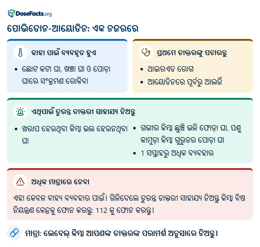 ପୋଭିଡୋନ-ଆୟୋଡିନ: ଏକ ନଜରରେ. କାହା ପାଇଁ ବ୍ୟବହୃତ ହୁଏ: ଛୋଟ କଟା ଘା, ଖଞ୍ଚା ଘା ଓ ପୋଡ଼ା ଘାରେ ସଂକ୍ରମଣ ରୋକିବା. ପ୍ରଥମେ ଡାକ୍ତରଙ୍କୁ ପଚାରନ୍ତୁ: ଥାଇରଏଡ ରୋଗ, ଆୟୋଡିନରେ ପୂର୍ବରୁ ଆଲର୍ଜି. ଏଥିପାଇଁ ତୁରନ୍ତ ଡାକ୍ତରୀ ସାହାଯ୍ୟ ନିଅନ୍ତୁ: ଖରାପ ହେଉଥିବା କିମ୍ବା ଭଲ ହେଉନଥିବା ଘା, ଗଭୀର କିମ୍ବା ଛୁଞ୍ଚି ଭଳି ଫୋଡ଼ା ଘା, ପଶୁ କାମୁଡ଼ା କିମ୍ବା ଗୁରୁତର ପୋଡ଼ା ଘା, 1 ସପ୍ତାହରୁ ଅଧିକ ବ୍ୟବହାର. ଅଧିକ ମାତ୍ରାରେ ନେବା: ଏହା କେବଳ ବାହ୍ୟ ବ୍ୟବହାର ପାଇଁ। ଗିଳିଦେଲେ ତୁରନ୍ତ ଡାକ୍ତରୀ ସାହାଯ୍ୟ ନିଅନ୍ତୁ କିମ୍ବା ବିଷ ନିୟନ୍ତ୍ରଣ କେନ୍ଦ୍ରକୁ ଫୋନ କରନ୍ତୁ: 112 କୁ ଫୋନ କରନ୍ତୁ. ମାତ୍ରା: ଲେବେଲ୍ କିମ୍ବା ଆପଣଙ୍କ ଡାକ୍ତରଙ୍କ ପରାମର୍ଶ ଅନୁସାରେ ନିଅନ୍ତୁ.
