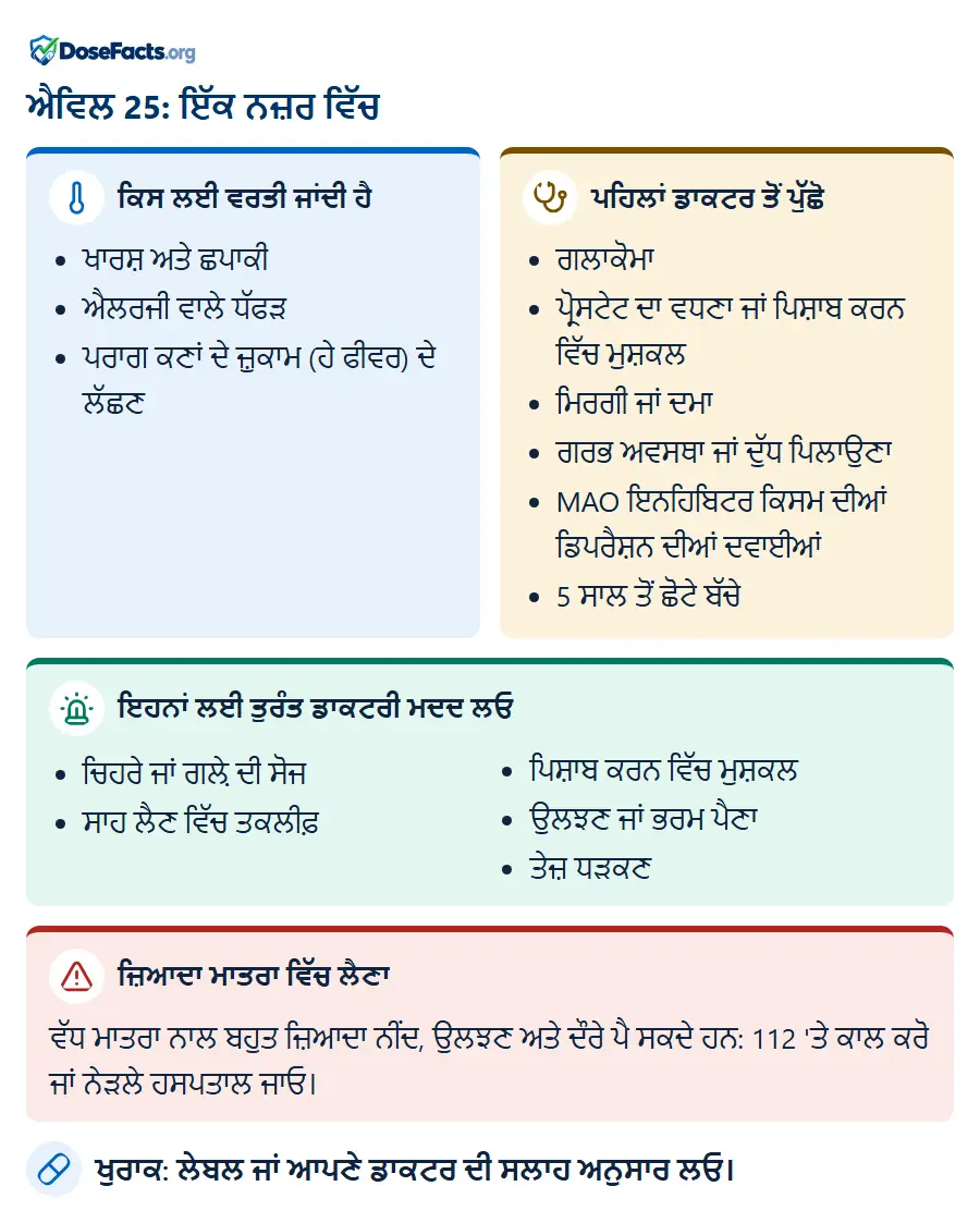 ਐਵਿਲ 25: ਇੱਕ ਨਜ਼ਰ ਵਿੱਚ. ਕਿਸ ਲਈ ਵਰਤੀ ਜਾਂਦੀ ਹੈ: ਖਾਰਸ਼ ਅਤੇ ਛਪਾਕੀ, ਐਲਰਜੀ ਵਾਲੇ ਧੱਫੜ, ਪਰਾਗ ਕਣਾਂ ਦੇ ਜ਼ੁਕਾਮ (ਹੇ ਫੀਵਰ) ਦੇ ਲੱਛਣ. ਪਹਿਲਾਂ ਡਾਕਟਰ ਤੋਂ ਪੁੱਛੋ: ਗਲਾਕੋਮਾ, ਪ੍ਰੋਸਟੇਟ ਦਾ ਵਧਣਾ ਜਾਂ ਪਿਸ਼ਾਬ ਕਰਨ ਵਿੱਚ ਮੁਸ਼ਕਲ, ਮਿਰਗੀ ਜਾਂ ਦਮਾ, ਗਰਭ ਅਵਸਥਾ ਜਾਂ ਦੁੱਧ ਪਿਲਾਉਣਾ, MAO ਇਨਹਿਬਿਟਰ ਕਿਸਮ ਦੀਆਂ ਡਿਪਰੈਸ਼ਨ ਦੀਆਂ ਦਵਾਈਆਂ, 5 ਸਾਲ ਤੋਂ ਛੋਟੇ ਬੱਚੇ. ਇਹਨਾਂ ਲਈ ਤੁਰੰਤ ਡਾਕਟਰੀ ਮਦਦ ਲਓ: ਚਿਹਰੇ ਜਾਂ ਗਲ਼ੇ ਦੀ ਸੋਜ, ਸਾਹ ਲੈਣ ਵਿੱਚ ਤਕਲੀਫ਼, ਪਿਸ਼ਾਬ ਕਰਨ ਵਿੱਚ ਮੁਸ਼ਕਲ, ਉਲਝਣ ਜਾਂ ਭਰਮ ਪੈਣਾ, ਤੇਜ਼ ਧੜਕਣ. ਜ਼ਿਆਦਾ ਮਾਤਰਾ ਵਿੱਚ ਲੈਣਾ: ਵੱਧ ਮਾਤਰਾ ਨਾਲ ਬਹੁਤ ਜ਼ਿਆਦਾ ਨੀਂਦ, ਉਲਝਣ ਅਤੇ ਦੌਰੇ ਪੈ ਸਕਦੇ ਹਨ: 112 'ਤੇ ਕਾਲ ਕਰੋ ਜਾਂ ਨੇੜਲੇ ਹਸਪਤਾਲ ਜਾਓ. ਖੁਰਾਕ: ਲੇਬਲ ਜਾਂ ਆਪਣੇ ਡਾਕਟਰ ਦੀ ਸਲਾਹ ਅਨੁਸਾਰ ਲਓ.