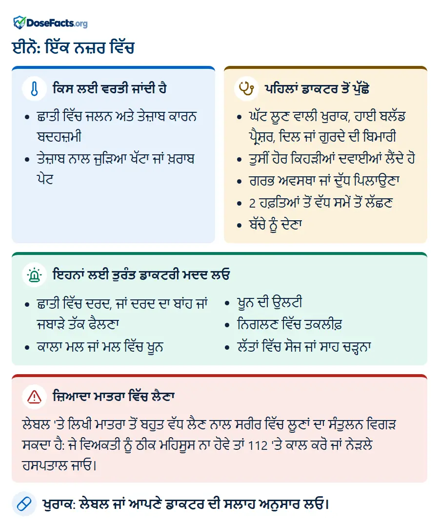 ਈਨੋ: ਇੱਕ ਨਜ਼ਰ ਵਿੱਚ. ਕਿਸ ਲਈ ਵਰਤੀ ਜਾਂਦੀ ਹੈ: ਛਾਤੀ ਵਿੱਚ ਜਲਨ ਅਤੇ ਤੇਜ਼ਾਬ ਕਾਰਨ ਬਦਹਜ਼ਮੀ, ਤੇਜ਼ਾਬ ਨਾਲ ਜੁੜਿਆ ਖੱਟਾ ਜਾਂ ਖ਼ਰਾਬ ਪੇਟ. ਪਹਿਲਾਂ ਡਾਕਟਰ ਤੋਂ ਪੁੱਛੋ: ਘੱਟ ਲੂਣ ਵਾਲੀ ਖੁਰਾਕ, ਹਾਈ ਬਲੱਡ ਪ੍ਰੈਸ਼ਰ, ਦਿਲ ਜਾਂ ਗੁਰਦੇ ਦੀ ਬਿਮਾਰੀ, ਤੁਸੀਂ ਹੋਰ ਕਿਹੜੀਆਂ ਦਵਾਈਆਂ ਲੈਂਦੇ ਹੋ, ਗਰਭ ਅਵਸਥਾ ਜਾਂ ਦੁੱਧ ਪਿਲਾਉਣਾ, 2 ਹਫ਼ਤਿਆਂ ਤੋਂ ਵੱਧ ਸਮੇਂ ਤੋਂ ਲੱਛਣ, ਬੱਚੇ ਨੂੰ ਦੇਣਾ. ਇਹਨਾਂ ਲਈ ਤੁਰੰਤ ਡਾਕਟਰੀ ਮਦਦ ਲਓ: ਛਾਤੀ ਵਿੱਚ ਦਰਦ, ਜਾਂ ਦਰਦ ਦਾ ਬਾਂਹ ਜਾਂ ਜਬਾੜੇ ਤੱਕ ਫੈਲਣਾ, ਕਾਲਾ ਮਲ ਜਾਂ ਮਲ ਵਿੱਚ ਖੂਨ, ਖੂਨ ਦੀ ਉਲਟੀ, ਨਿਗਲਣ ਵਿੱਚ ਤਕਲੀਫ਼, ਲੱਤਾਂ ਵਿੱਚ ਸੋਜ ਜਾਂ ਸਾਹ ਚੜ੍ਹਨਾ. ਜ਼ਿਆਦਾ ਮਾਤਰਾ ਵਿੱਚ ਲੈਣਾ: ਲੇਬਲ 'ਤੇ ਲਿਖੀ ਮਾਤਰਾ ਤੋਂ ਬਹੁਤ ਵੱਧ ਲੈਣ ਨਾਲ ਸਰੀਰ ਵਿੱਚ ਲੂਣਾਂ ਦਾ ਸੰਤੁਲਨ ਵਿਗੜ ਸਕਦਾ ਹੈ: ਜੇ ਵਿਅਕਤੀ ਨੂੰ ਠੀਕ ਮਹਿਸੂਸ ਨਾ ਹੋਵੇ ਤਾਂ 112 'ਤੇ ਕਾਲ ਕਰੋ ਜਾਂ ਨੇੜਲੇ ਹਸਪਤਾਲ ਜਾਓ. ਖੁਰਾਕ: ਲੇਬਲ ਜਾਂ ਆਪਣੇ ਡਾਕਟਰ ਦੀ ਸਲਾਹ ਅਨੁਸਾਰ ਲਓ.