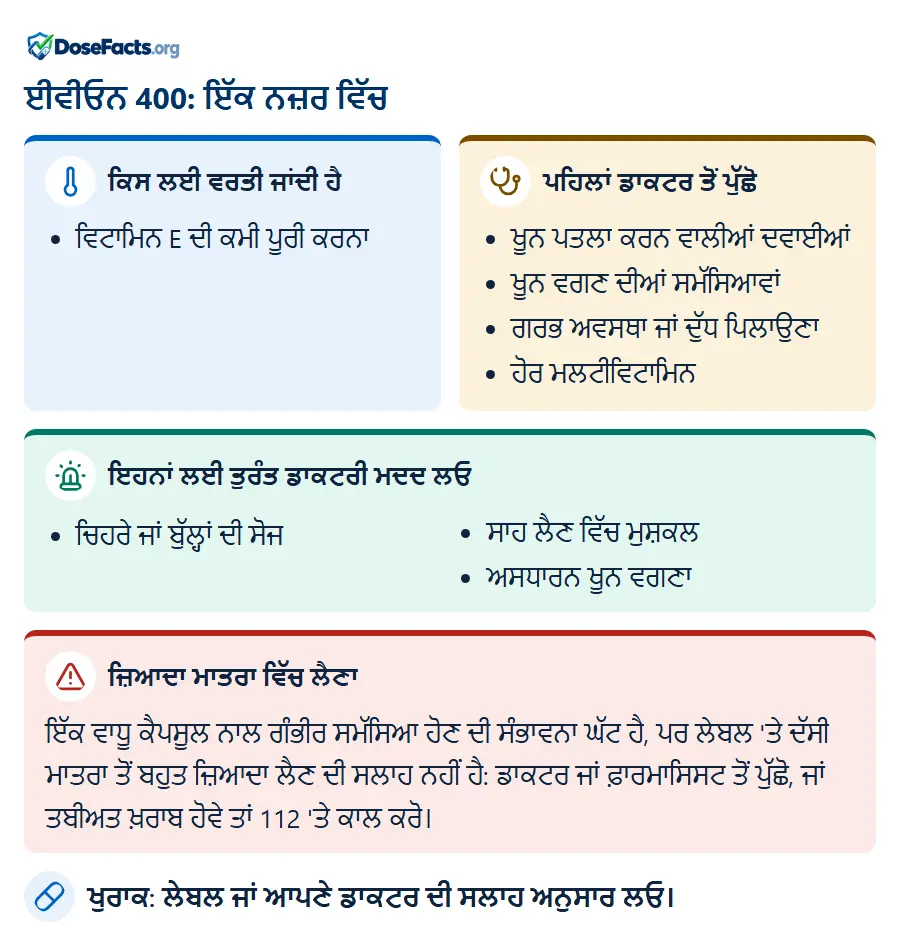 ਈਵੀਓਨ 400: ਇੱਕ ਨਜ਼ਰ ਵਿੱਚ. ਕਿਸ ਲਈ ਵਰਤੀ ਜਾਂਦੀ ਹੈ: ਵਿਟਾਮਿਨ E ਦੀ ਕਮੀ ਪੂਰੀ ਕਰਨਾ. ਪਹਿਲਾਂ ਡਾਕਟਰ ਤੋਂ ਪੁੱਛੋ: ਖੂਨ ਪਤਲਾ ਕਰਨ ਵਾਲੀਆਂ ਦਵਾਈਆਂ, ਖੂਨ ਵਗਣ ਦੀਆਂ ਸਮੱਸਿਆਵਾਂ, ਗਰਭ ਅਵਸਥਾ ਜਾਂ ਦੁੱਧ ਪਿਲਾਉਣਾ, ਹੋਰ ਮਲਟੀਵਿਟਾਮਿਨ. ਇਹਨਾਂ ਲਈ ਤੁਰੰਤ ਡਾਕਟਰੀ ਮਦਦ ਲਓ: ਚਿਹਰੇ ਜਾਂ ਬੁੱਲ੍ਹਾਂ ਦੀ ਸੋਜ, ਸਾਹ ਲੈਣ ਵਿੱਚ ਮੁਸ਼ਕਲ, ਅਸਧਾਰਨ ਖੂਨ ਵਗਣਾ. ਜ਼ਿਆਦਾ ਮਾਤਰਾ ਵਿੱਚ ਲੈਣਾ: ਇੱਕ ਵਾਧੂ ਕੈਪਸੂਲ ਨਾਲ ਗੰਭੀਰ ਸਮੱਸਿਆ ਹੋਣ ਦੀ ਸੰਭਾਵਨਾ ਘੱਟ ਹੈ, ਪਰ ਲੇਬਲ 'ਤੇ ਦੱਸੀ ਮਾਤਰਾ ਤੋਂ ਬਹੁਤ ਜ਼ਿਆਦਾ ਲੈਣ ਦੀ ਸਲਾਹ ਨਹੀਂ ਹੈ: ਡਾਕਟਰ ਜਾਂ ਫ਼ਾਰਮਾਸਿਸਟ ਤੋਂ ਪੁੱਛੋ, ਜਾਂ ਤਬੀਅਤ ਖ਼ਰਾਬ ਹੋਵੇ ਤਾਂ 112 'ਤੇ ਕਾਲ ਕਰੋ. ਖੁਰਾਕ: ਲੇਬਲ ਜਾਂ ਆਪਣੇ ਡਾਕਟਰ ਦੀ ਸਲਾਹ ਅਨੁਸਾਰ ਲਓ.
