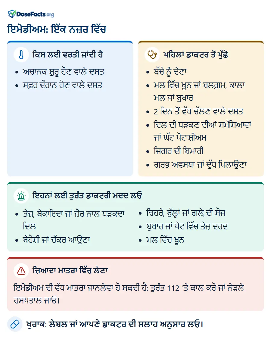 ਇਮੋਡੀਅਮ: ਇੱਕ ਨਜ਼ਰ ਵਿੱਚ. ਕਿਸ ਲਈ ਵਰਤੀ ਜਾਂਦੀ ਹੈ: ਅਚਾਨਕ ਸ਼ੁਰੂ ਹੋਣ ਵਾਲੇ ਦਸਤ, ਸਫ਼ਰ ਦੌਰਾਨ ਹੋਣ ਵਾਲੇ ਦਸ�. ਪਹਿਲਾਂ ਡਾਕਟਰ ਤੋਂ ਪੁੱਛੋ: ਬੱਚੇ ਨੂੰ ਦੇਣਾ, ਮਲ ਵਿੱਚ ਖੂਨ ਜਾਂ ਬਲਗ਼ਮ, ਕਾਲਾ ਮਲ ਜਾਂ ਬੁਖਾਰ, 2 ਦਿਨ ਤੋਂ ਵੱਧ ਚੱਲਣ ਵਾਲੇ ਦਸਤ, ਦਿਲ ਦੀ ਧੜਕਣ ਦੀਆਂ ਸਮੱਸਿਆਵਾਂ ਜਾਂ ਘੱਟ ਪੋਟਾਸ਼ੀਅਮ, ਜਿਗਰ ਦੀ ਬਿਮਾਰੀ, ਗਰਭ ਅਵਸਥਾ ਜਾਂ ਦੁੱਧ ਪਿਲਾਉਣਾ. ਇਹਨਾਂ ਲਈ ਤੁਰੰਤ ਡਾਕਟਰੀ ਮਦਦ ਲਓ: ਤੇਜ਼, ਬੇਕਾਇਦਾ ਜਾਂ ਜ਼ੋਰ ਨਾਲ ਧੜਕਦਾ ਦਿਲ, ਬੇਹੋਸ਼ੀ ਜਾਂ ਚੱਕਰ ਆਉਣਾ, ਚਿਹਰੇ, ਬੁੱਲ੍ਹਾਂ ਜਾਂ ਗਲ਼ੇ ਦੀ ਸੋਜ, ਬੁਖਾਰ ਜਾਂ ਪੇਟ ਵਿੱਚ ਤੇਜ਼ ਦਰਦ, ਮਲ ਵਿੱਚ ਖੂਨ. ਜ਼ਿਆਦਾ ਮਾਤਰਾ ਵਿੱਚ ਲੈਣਾ: ਇਮੋਡੀਅਮ ਦੀ ਵੱਧ ਮਾਤਰਾ ਜਾਨਲੇਵਾ ਹੋ ਸਕਦੀ ਹੈ: ਤੁਰੰਤ 112 'ਤੇ ਕਾਲ ਕਰੋ ਜਾਂ ਨੇੜਲੇ ਹਸਪਤਾਲ ਜਾਓ. ਖੁਰਾਕ: ਲੇਬਲ ਜਾਂ ਆਪਣੇ ਡਾਕਟਰ ਦੀ ਸਲਾਹ ਅਨੁਸਾਰ ਲਓ.