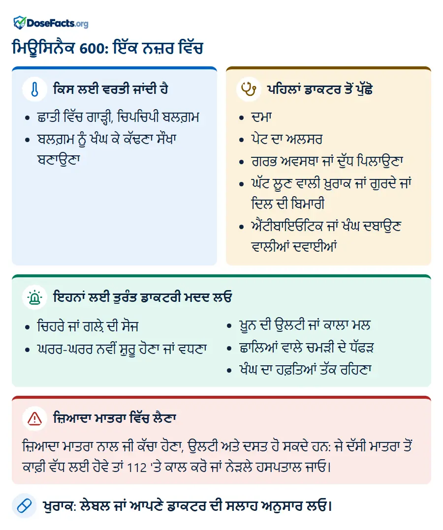 ਮਿਊਸਿਨੈਕ 600: ਇੱਕ ਨਜ਼ਰ ਵਿੱਚ. ਕਿਸ ਲਈ ਵਰਤੀ ਜਾਂਦੀ ਹੈ: ਛਾਤੀ ਵਿੱਚ ਗਾੜ੍ਹੀ, ਚਿਪਚਿਪੀ ਬਲਗ਼ਮ, ਬਲਗ਼ਮ ਨੂੰ ਖੰਘ ਕੇ ਕੱਢਣਾ ਸੌਖਾ ਬਣਾਉਣਾ. ਪਹਿਲਾਂ ਡਾਕਟਰ ਤੋਂ ਪੁੱਛੋ: ਦਮਾ, ਪੇਟ ਦਾ ਅਲਸਰ, ਗਰਭ ਅਵਸਥਾ ਜਾਂ ਦੁੱਧ ਪਿਲਾਉਣਾ, ਘੱਟ ਲੂਣ ਵਾਲੀ ਖ਼ੁਰਾਕ ਜਾਂ ਗੁਰਦੇ ਜਾਂ ਦਿਲ ਦੀ ਬਿਮਾਰੀ, ਐਂਟੀਬਾਇਓਟਿਕ ਜਾਂ ਖੰਘ ਦਬਾਉਣ ਵਾਲੀਆਂ ਦਵਾਈਆਂ. ਇਹਨਾਂ ਲਈ ਤੁਰੰਤ ਡਾਕਟਰੀ ਮਦਦ ਲਓ: ਚਿਹਰੇ ਜਾਂ ਗਲ਼ੇ ਦੀ ਸੋਜ, ਘਰਰ-ਘਰਰ ਨਵੀਂ ਸ਼ੁਰੂ ਹੋਣਾ ਜਾਂ ਵਧਣਾ, ਖ਼ੂਨ ਦੀ ਉਲਟੀ ਜਾਂ ਕਾਲਾ ਮਲ, ਛਾਲਿਆਂ ਵਾਲੇ ਚਮੜੀ ਦੇ ਧੱਫੜ, ਖੰਘ ਦਾ ਹਫ਼ਤਿਆਂ ਤੱਕ ਰਹਿਣਾ. ਜ਼ਿਆਦਾ ਮਾਤਰਾ ਵਿੱਚ ਲੈਣਾ: ਜ਼ਿਆਦਾ ਮਾਤਰਾ ਨਾਲ ਜੀ ਕੱਚਾ ਹੋਣਾ, ਉਲਟੀ ਅਤੇ ਦਸਤ ਹੋ ਸਕਦੇ ਹਨ: ਜੇ ਦੱਸੀ ਮਾਤਰਾ ਤੋਂ ਕਾਫ਼ੀ ਵੱਧ ਲਈ ਹੋਵੇ ਤਾਂ 112 'ਤੇ ਕਾਲ ਕਰੋ ਜਾਂ ਨੇੜਲੇ ਹਸਪਤਾਲ ਜਾਓ. ਖੁਰਾਕ: ਲੇਬਲ ਜਾਂ ਆਪਣੇ ਡਾਕਟਰ ਦੀ ਸਲਾਹ ਅਨੁਸਾਰ ਲਓ.