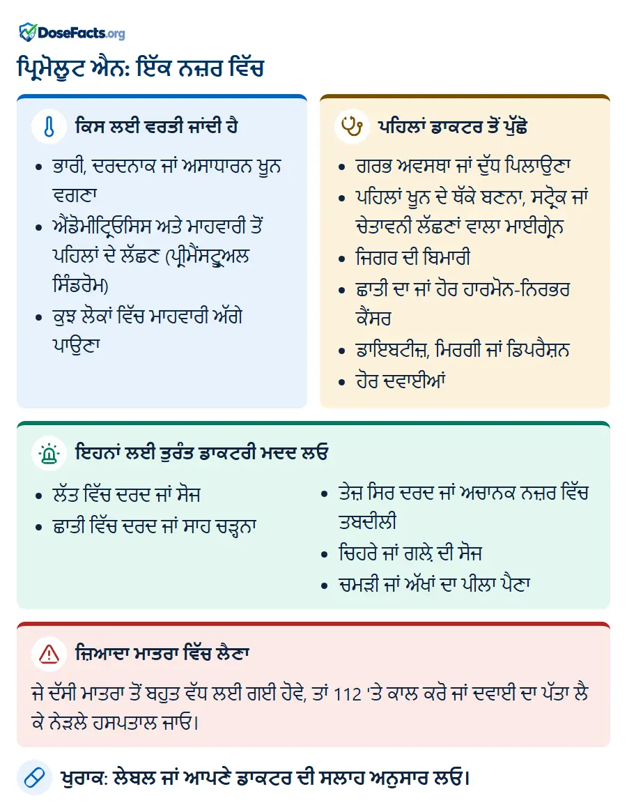 ਪ੍ਰਿਮੋਲੂਟ ਐਨ: ਇੱਕ ਨਜ਼ਰ ਵਿੱਚ. ਕਿਸ ਲਈ ਵਰਤੀ ਜਾਂਦੀ ਹੈ: ਭਾਰੀ, ਦਰਦਨਾਕ ਜਾਂ ਅਸਾਧਾਰਨ ਖੂਨ ਵਗਣਾ, ਐਂਡੋਮੀਟ੍ਰਿਓਸਿਸ ਅਤੇ ਮਾਹਵਾਰੀ ਤੋਂ ਪਹਿਲਾਂ ਦੇ ਲੱਛਣ (ਪ੍ਰੀਮੈਂਸਟ੍ਰੂਅਲ ਸਿੰਡਰੋਮ), ਕੁਝ ਲੋਕਾਂ ਵਿੱਚ ਮਾਹਵਾਰੀ ਅੱਗੇ ਪਾਉਣਾ. ਪਹਿਲਾਂ ਡਾਕਟਰ ਤੋਂ ਪੁੱਛੋ: ਗਰਭ ਅਵਸਥਾ ਜਾਂ ਦੁੱਧ ਪਿਲਾਉਣਾ, ਪਹਿਲਾਂ ਖੂਨ ਦੇ ਥੱਕੇ ਬਣਨਾ, ਸਟ੍ਰੋਕ ਜਾਂ ਚੇਤਾਵਨੀ ਲੱਛਣਾਂ ਵਾਲਾ ਮਾਈਗ੍ਰੇਨ, ਜਿਗਰ ਦੀ ਬਿਮਾਰੀ, ਛਾਤੀ ਦਾ ਜਾਂ ਹੋਰ ਹਾਰਮੋਨ-ਨਿਰਭਰ ਕੈਂਸਰ, ਡਾਇਬਟੀਜ਼, ਮਿਰਗੀ ਜਾਂ ਡਿਪਰੈਸ਼ਨ, ਹੋਰ ਦਵਾਈਆਂ. ਇਹਨਾਂ ਲਈ ਤੁਰੰਤ ਡਾਕਟਰੀ ਮਦਦ ਲਓ: ਲੱਤ ਵਿੱਚ ਦਰਦ ਜਾਂ ਸੋਜ, ਛਾਤੀ ਵਿੱਚ ਦਰਦ ਜਾਂ ਸਾਹ ਚੜ੍ਹਨਾ, ਤੇਜ਼ ਸਿਰ ਦਰਦ ਜਾਂ ਅਚਾਨਕ ਨਜ਼ਰ ਵਿੱਚ ਤਬਦੀਲੀ, ਚਿਹਰੇ ਜਾਂ ਗਲ਼ੇ ਦੀ ਸੋਜ, ਚਮੜੀ ਜਾਂ ਅੱਖਾਂ ਦਾ ਪੀਲਾ ਪੈਣਾ. ਜ਼ਿਆਦਾ ਮਾਤਰਾ ਵਿੱਚ ਲੈਣਾ: ਜੇ ਦੱਸੀ ਮਾਤਰਾ ਤੋਂ ਬਹੁਤ ਵੱਧ ਲਈ ਗਈ ਹੋਵੇ, ਤਾਂ 112 'ਤੇ ਕਾਲ ਕਰੋ ਜਾਂ ਦਵਾਈ ਦਾ ਪੱਤਾ ਲੈ ਕੇ ਨੇੜਲੇ ਹਸਪਤਾਲ ਜਾਓ. ਖੁਰਾਕ: ਲੇਬਲ ਜਾਂ ਆਪਣੇ ਡਾਕਟਰ ਦੀ ਸਲਾਹ ਅਨੁਸਾਰ ਲਓ.
