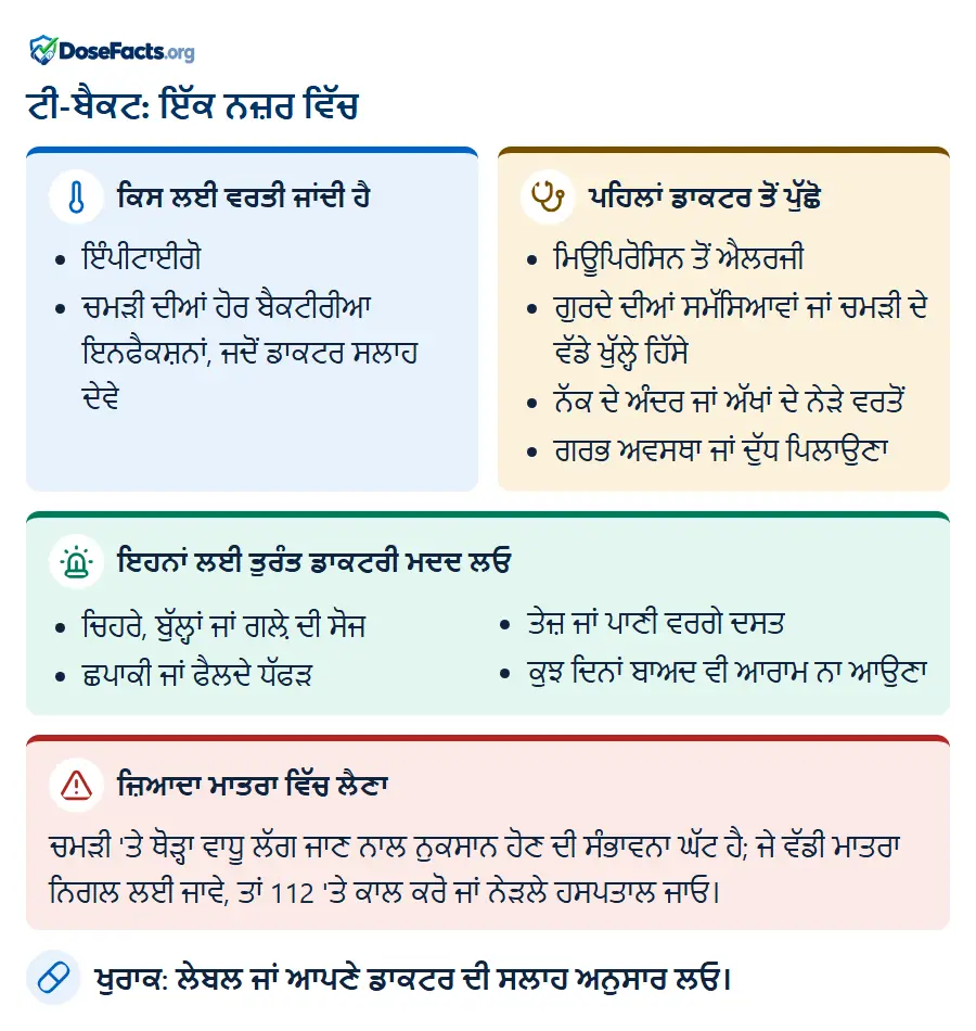 ਟੀ-ਬੈਕਟ: ਇੱਕ ਨਜ਼ਰ ਵਿੱਚ. ਕਿਸ ਲਈ ਵਰਤੀ ਜਾਂਦੀ ਹੈ: ਇੰਪੀਟਾਈਗੋ, ਚਮੜੀ ਦੀਆਂ ਹੋਰ ਬੈਕਟੀਰੀਆ ਇਨਫੈਕਸ਼ਨਾਂ, ਜਦੋਂ ਡਾਕਟਰ ਸਲਾਹ ਦੇਵੇ. ਪਹਿਲਾਂ ਡਾਕਟਰ ਤੋਂ ਪੁੱਛੋ: ਮਿਊਪਿਰੋਸਿਨ ਤੋਂ ਐਲਰਜੀ, ਗੁਰਦੇ ਦੀਆਂ ਸਮੱਸਿਆਵਾਂ ਜਾਂ ਚਮੜੀ ਦੇ ਵੱਡੇ ਖੁੱਲ੍ਹੇ ਹਿੱਸੇ, ਨੱਕ ਦੇ ਅੰਦਰ ਜਾਂ ਅੱਖਾਂ ਦੇ ਨੇੜੇ ਵਰਤੋਂ, ਗਰਭ ਅਵਸਥਾ ਜਾਂ ਦੁੱਧ ਪਿਲਾਉਣਾ. ਇਹਨਾਂ ਲਈ ਤੁਰੰਤ ਡਾਕਟਰੀ ਮਦਦ ਲਓ: ਚਿਹਰੇ, ਬੁੱਲ੍ਹਾਂ ਜਾਂ ਗਲ਼ੇ ਦੀ ਸੋਜ, ਛਪਾਕੀ ਜਾਂ ਫੈਲਦੇ ਧੱਫੜ, ਤੇਜ਼ ਜਾਂ ਪਾਣੀ ਵਰਗੇ ਦਸਤ, ਕੁਝ ਦਿਨਾਂ ਬਾਅਦ ਵੀ ਆਰਾਮ ਨਾ ਆਉਣਾ. ਜ਼ਿਆਦਾ ਮਾਤਰਾ ਵਿੱਚ ਲੈਣਾ: ਚਮੜੀ 'ਤੇ ਥੋੜ੍ਹਾ ਵਾਧੂ ਲੱਗ ਜਾਣ ਨਾਲ ਨੁਕਸਾਨ ਹੋਣ ਦੀ ਸੰਭਾਵਨਾ ਘੱਟ ਹੈ; ਜੇ ਵੱਡੀ ਮਾਤਰਾ ਨਿਗਲ ਲਈ ਜਾਵੇ, ਤਾਂ 112 'ਤੇ ਕਾਲ ਕਰੋ ਜਾਂ ਨੇੜਲੇ ਹਸਪਤਾਲ ਜਾਓ. ਖੁਰਾਕ: ਲੇਬਲ ਜਾਂ ਆਪਣੇ ਡਾਕਟਰ ਦੀ ਸਲਾਹ ਅਨੁਸਾਰ ਲਓ.