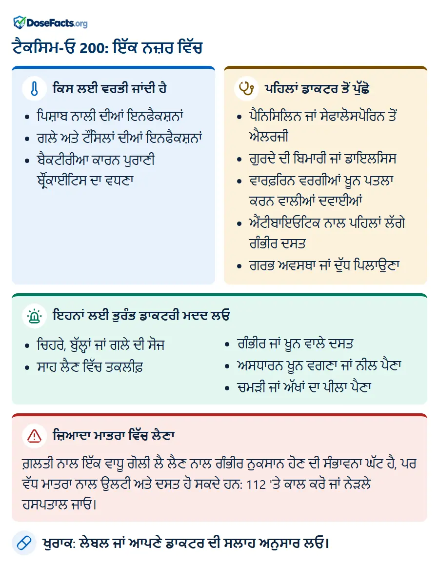 ਟੈਕਸਿਮ-ਓ 200: ਇੱਕ ਨਜ਼ਰ ਵਿੱਚ. ਕਿਸ ਲਈ ਵਰਤੀ ਜਾਂਦੀ ਹੈ: ਪਿਸ਼ਾਬ ਨਾਲੀ ਦੀਆਂ ਇਨਫੈਕਸ਼ਨਾਂ, ਗਲੇ ਅਤੇ ਟੌਂਸਿਲਾਂ ਦੀਆਂ ਇਨਫੈਕਸ਼ਨਾਂ, ਬੈਕਟੀਰੀਆ ਕਾਰਨ ਪੁਰਾਣੀ ਬ੍ਰੌਂਕਾਈਟਿਸ ਦਾ ਵਧਣਾ. ਪਹਿਲਾਂ ਡਾਕਟਰ ਤੋਂ ਪੁੱਛੋ: ਪੈਨਿਸਿਲਿਨ ਜਾਂ ਸੇਫਾਲੋਸਪੋਰਿਨ ਤੋਂ ਐਲਰਜੀ, ਗੁਰਦੇ ਦੀ ਬਿਮਾਰੀ ਜਾਂ ਡਾਇਲਸਿਸ, ਵਾਰਫ਼ਰਿਨ ਵਰਗੀਆਂ ਖੂਨ ਪਤਲਾ ਕਰਨ ਵਾਲੀਆਂ ਦਵਾਈਆਂ, ਐਂਟੀਬਾਇਓਟਿਕ ਨਾਲ ਪਹਿਲਾਂ ਲੱਗੇ ਗੰਭੀਰ ਦਸਤ, ਗਰਭ ਅਵਸਥਾ ਜਾਂ ਦੁੱਧ ਪਿਲਾਉਣਾ. ਇਹਨਾਂ ਲਈ ਤੁਰੰਤ ਡਾਕਟਰੀ ਮਦਦ ਲਓ: ਚਿਹਰੇ, ਬੁੱਲ੍ਹਾਂ ਜਾਂ ਗਲੇ ਦੀ ਸੋਜ, ਸਾਹ ਲੈਣ ਵਿੱਚ ਤਕਲੀਫ਼, ਗੰਭੀਰ ਜਾਂ ਖੂਨ ਵਾਲੇ ਦਸਤ, ਅਸਧਾਰਨ ਖੂਨ ਵਗਣਾ ਜਾਂ ਨੀਲ ਪੈਣਾ, ਚਮੜੀ ਜਾਂ ਅੱਖਾਂ ਦਾ ਪੀਲਾ ਪੈਣਾ. ਜ਼ਿਆਦਾ ਮਾਤਰਾ ਵਿੱਚ ਲੈਣਾ: ਗ਼ਲਤੀ ਨਾਲ ਇੱਕ ਵਾਧੂ ਗੋਲੀ ਲੈ ਲੈਣ ਨਾਲ ਗੰਭੀਰ ਨੁਕਸਾਨ ਹੋਣ ਦੀ ਸੰਭਾਵਨਾ ਘੱਟ ਹੈ, ਪਰ ਵੱਧ ਮਾਤਰਾ ਨਾਲ ਉਲਟੀ ਅਤੇ ਦਸਤ ਹੋ ਸਕਦੇ ਹਨ: 112 'ਤੇ ਕਾਲ ਕਰੋ ਜਾਂ ਨੇੜਲੇ ਹਸਪਤਾਲ ਜਾਓ. ਖੁਰਾਕ: ਲੇਬਲ ਜਾਂ ਆਪਣੇ ਡਾਕਟਰ ਦੀ ਸਲਾਹ ਅਨੁਸਾਰ ਲਓ.
