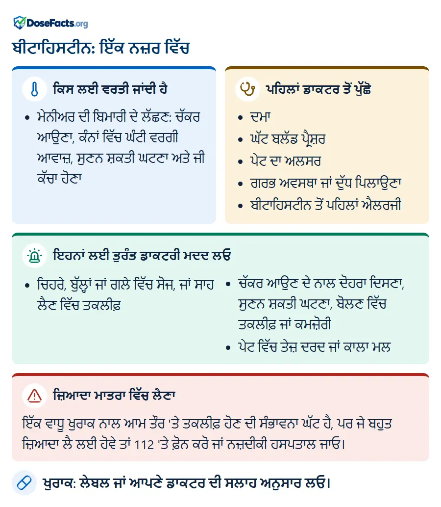ਬੀਟਾਹਿਸਟੀਨ: ਇੱਕ ਨਜ਼ਰ ਵਿੱਚ. ਕਿਸ ਲਈ ਵਰਤੀ ਜਾਂਦੀ ਹੈ: ਮੇਨੀਅਰ ਦੀ ਬਿਮਾਰੀ ਦੇ ਲੱਛਣ: ਚੱਕਰ ਆਉਣਾ, ਕੰਨਾਂ ਵਿੱਚ ਘੰਟੀ ਵਰਗੀ ਆਵਾਜ਼, ਸੁਣਨ ਸ਼ਕਤੀ ਘਟਣਾ ਅਤੇ ਜੀ ਕੱਚਾ ਹੋਣਾ. ਪਹਿਲਾਂ ਡਾਕਟਰ ਤੋਂ ਪੁੱਛੋ: ਦਮਾ, ਘੱਟ ਬਲੱਡ ਪ੍ਰੈਸ਼ਰ, ਪੇਟ ਦਾ ਅਲਸਰ, ਗਰਭ ਅਵਸਥਾ ਜਾਂ ਦੁੱਧ ਪਿਲਾਉਣਾ, ਬੀਟਾਹਿਸਟੀਨ ਤੋਂ ਪਹਿਲਾਂ ਐਲਰਜੀ. ਇਹਨਾਂ ਲਈ ਤੁਰੰਤ ਡਾਕਟਰੀ ਮਦਦ ਲਓ: ਚਿਹਰੇ, ਬੁੱਲ੍ਹਾਂ ਜਾਂ ਗਲੇ ਵਿੱਚ ਸੋਜ, ਜਾਂ ਸਾਹ ਲੈਣ ਵਿੱਚ ਤਕਲੀਫ਼, ਚੱਕਰ ਆਉਣ ਦੇ ਨਾਲ ਦੋਹਰਾ ਦਿਸਣਾ, ਸੁਣਨ ਸ਼ਕਤੀ ਘਟਣਾ, ਬੋਲਣ ਵਿੱਚ ਤਕਲੀਫ਼ ਜਾਂ ਕਮਜ਼ੋਰੀ, ਪੇਟ ਵਿੱਚ ਤੇਜ਼ ਦਰਦ ਜਾਂ ਕਾਲਾ ਮਲ. ਜ਼ਿਆਦਾ ਮਾਤਰਾ ਵਿੱਚ ਲੈਣਾ: ਇੱਕ ਵਾਧੂ ਖੁਰਾਕ ਨਾਲ ਆਮ ਤੌਰ 'ਤੇ ਤਕਲੀਫ਼ ਹੋਣ ਦੀ ਸੰਭਾਵਨਾ ਘੱਟ ਹੈ, ਪਰ ਜੇ ਬਹੁਤ ਜ਼ਿਆਦਾ ਲੈ ਲਈ ਹੋਵੇ ਤਾਂ 112 'ਤੇ ਫ਼ੋਨ ਕਰੋ ਜਾਂ ਨਜ਼ਦੀਕੀ ਹਸਪਤਾਲ ਜਾਓ. ਖੁਰਾਕ: ਲੇਬਲ ਜਾਂ ਆਪਣੇ ਡਾਕਟਰ ਦੀ ਸਲਾਹ ਅਨੁਸਾਰ ਲਓ.