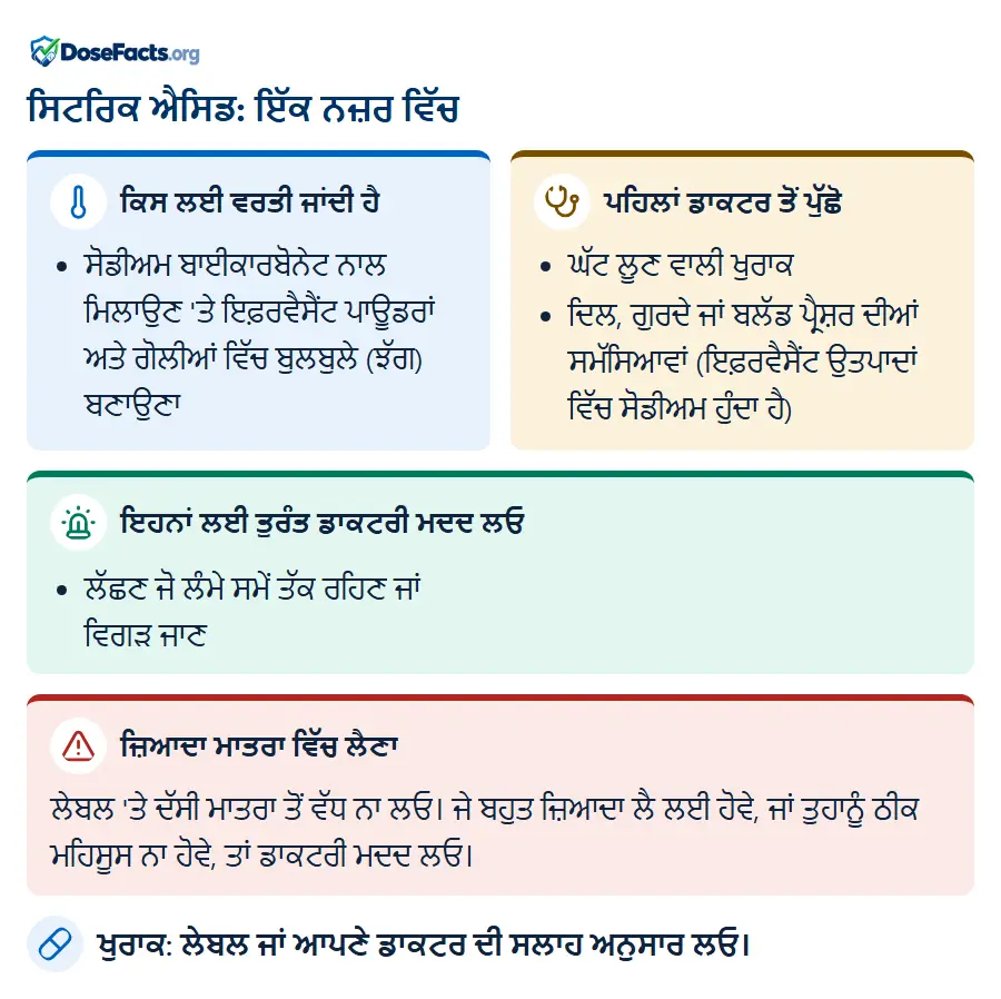 ਸਿਟਰਿਕ ਐਸਿਡ: ਇੱਕ ਨਜ਼ਰ ਵਿੱਚ. ਕਿਸ ਲਈ ਵਰਤੀ ਜਾਂਦੀ ਹੈ: ਸੋਡੀਅਮ ਬਾਈਕਾਰਬੋਨੇਟ ਨਾਲ ਮਿਲਾਉਣ 'ਤੇ ਇਫ਼ਰਵੈਸੈਂਟ ਪਾਊਡਰਾਂ ਅਤੇ ਗੋਲੀਆਂ ਵਿੱਚ ਬੁਲਬੁਲੇ (ਝੱਗ) ਬਣਾਉਣਾ. ਪਹਿਲਾਂ ਡਾਕਟਰ ਤੋਂ ਪੁੱਛੋ: ਘੱਟ ਲੂਣ ਵਾਲੀ ਖੁਰਾਕ, ਦਿਲ, ਗੁਰਦੇ ਜਾਂ ਬਲੱਡ ਪ੍ਰੈਸ਼ਰ ਦੀਆਂ ਸਮੱਸਿਆਵਾਂ (ਇਫ਼ਰਵੈਸੈਂਟ ਉਤਪਾਦਾਂ ਵਿੱਚ ਸੋਡੀਅਮ ਹੁੰਦਾ ਹੈ). ਇਹਨਾਂ ਲਈ ਤੁਰੰਤ ਡਾਕਟਰੀ ਮਦਦ ਲਓ: ਲੱਛਣ ਜੋ ਲੰਮੇ ਸਮੇਂ ਤੱਕ ਰਹਿਣ ਜਾਂ ਵਿਗੜ ਜਾਣ. ਜ਼ਿਆਦਾ ਮਾਤਰਾ ਵਿੱਚ ਲੈਣਾ: ਲੇਬਲ 'ਤੇ ਦੱਸੀ ਮਾਤਰਾ ਤੋਂ ਵੱਧ ਨਾ ਲਓ। ਜੇ ਬਹੁਤ ਜ਼ਿਆਦਾ ਲੈ ਲਈ ਹੋਵੇ, ਜਾਂ ਤੁਹਾਨੂੰ ਠੀਕ ਮਹਿਸੂਸ ਨਾ ਹੋਵੇ, ਤਾਂ ਡਾਕਟਰੀ ਮਦਦ ਲਓ. ਖੁਰਾਕ: ਲੇਬਲ ਜਾਂ ਆਪਣੇ ਡਾਕਟਰ ਦੀ ਸਲਾਹ ਅਨੁਸਾਰ ਲਓ.
