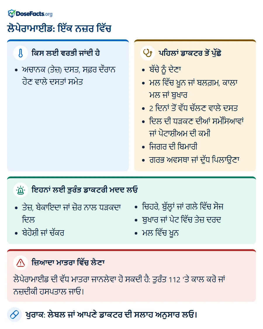 ਲੋਪੇਰਾਮਾਈਡ: ਇੱਕ ਨਜ਼ਰ ਵਿੱਚ. ਕਿਸ ਲਈ ਵਰਤੀ ਜਾਂਦੀ ਹੈ: ਅਚਾਨਕ (ਤੇਜ਼) ਦਸਤ, ਸਫ਼ਰ ਦੌਰਾਨ ਹੋਣ ਵਾਲੇ ਦਸਤਾਂ ਸਮੇ�. ਪਹਿਲਾਂ ਡਾਕਟਰ ਤੋਂ ਪੁੱਛੋ: ਬੱਚੇ ਨੂੰ ਦੇਣਾ, ਮਲ ਵਿੱਚ ਖੂਨ ਜਾਂ ਬਲਗ਼ਮ, ਕਾਲਾ ਮਲ ਜਾਂ ਬੁਖਾਰ, 2 ਦਿਨਾਂ ਤੋਂ ਵੱਧ ਚੱਲਣ ਵਾਲੇ ਦਸਤ, ਦਿਲ ਦੀ ਧੜਕਣ ਦੀਆਂ ਸਮੱਸਿਆਵਾਂ ਜਾਂ ਪੋਟਾਸ਼ੀਅਮ ਦੀ ਕਮੀ, ਜਿਗਰ ਦੀ ਬਿਮਾਰੀ, ਗਰਭ ਅਵਸਥਾ ਜਾਂ ਦੁੱਧ ਪਿਲਾਉਣਾ. ਇਹਨਾਂ ਲਈ ਤੁਰੰਤ ਡਾਕਟਰੀ ਮਦਦ ਲਓ: ਤੇਜ਼, ਬੇਕਾਇਦਾ ਜਾਂ ਜ਼ੋਰ ਨਾਲ ਧੜਕਦਾ ਦਿਲ, ਬੇਹੋਸ਼ੀ ਜਾਂ ਚੱਕਰ, ਚਿਹਰੇ, ਬੁੱਲ੍ਹਾਂ ਜਾਂ ਗਲੇ ਵਿੱਚ ਸੋਜ, ਬੁਖਾਰ ਜਾਂ ਪੇਟ ਵਿੱਚ ਤੇਜ਼ ਦਰਦ, ਮਲ ਵਿੱਚ ਖੂਨ. ਜ਼ਿਆਦਾ ਮਾਤਰਾ ਵਿੱਚ ਲੈਣਾ: ਲੋਪੇਰਾਮਾਈਡ ਦੀ ਵੱਧ ਮਾਤਰਾ ਜਾਨਲੇਵਾ ਹੋ ਸਕਦੀ ਹੈ: ਤੁਰੰਤ 112 'ਤੇ ਕਾਲ ਕਰੋ ਜਾਂ ਨਜ਼ਦੀਕੀ ਹਸਪਤਾਲ ਜਾਓ. ਖੁਰਾਕ: ਲੇਬਲ ਜਾਂ ਆਪਣੇ ਡਾਕਟਰ ਦੀ ਸਲਾਹ ਅਨੁਸਾਰ ਲਓ.