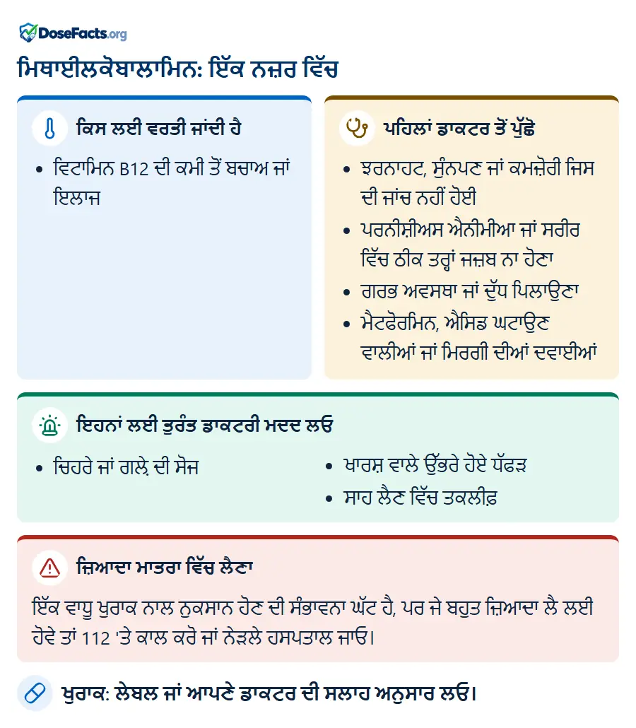 ਮਿਥਾਈਲਕੋਬਾਲਾਮਿਨ: ਇੱਕ ਨਜ਼ਰ ਵਿੱਚ. ਕਿਸ ਲਈ ਵਰਤੀ ਜਾਂਦੀ ਹੈ: ਵਿਟਾਮਿਨ B12 ਦੀ ਕਮੀ ਤੋਂ ਬਚਾਅ ਜਾਂ ਇਲਾਜ. ਪਹਿਲਾਂ ਡਾਕਟਰ ਤੋਂ ਪੁੱਛੋ: ਝਰਨਾਹਟ, ਸੁੰਨਪਣ ਜਾਂ ਕਮਜ਼ੋਰੀ ਜਿਸ ਦੀ ਜਾਂਚ ਨਹੀਂ ਹੋਈ, ਪਰਨੀਸ਼ੀਅਸ ਐਨੀਮੀਆ ਜਾਂ ਸਰੀਰ ਵਿੱਚ ਠੀਕ ਤਰ੍ਹਾਂ ਜਜ਼ਬ ਨਾ ਹੋਣਾ, ਗਰਭ ਅਵਸਥਾ ਜਾਂ ਦੁੱਧ ਪਿਲਾਉਣਾ, ਮੈਟਫੋਰਮਿਨ, ਐਸਿਡ ਘਟਾਉਣ ਵਾਲੀਆਂ ਜਾਂ ਮਿਰਗੀ ਦੀਆਂ ਦਵਾਈਆਂ. ਇਹਨਾਂ ਲਈ ਤੁਰੰਤ ਡਾਕਟਰੀ ਮਦਦ ਲਓ: ਚਿਹਰੇ ਜਾਂ ਗਲ਼ੇ ਦੀ ਸੋਜ, ਖਾਰਸ਼ ਵਾਲੇ ਉੱਭਰੇ ਹੋਏ ਧੱਫੜ, ਸਾਹ ਲੈਣ ਵਿੱਚ ਤਕਲੀਫ਼. ਜ਼ਿਆਦਾ ਮਾਤਰਾ ਵਿੱਚ ਲੈਣਾ: ਇੱਕ ਵਾਧੂ ਖੁਰਾਕ ਨਾਲ ਨੁਕਸਾਨ ਹੋਣ ਦੀ ਸੰਭਾਵਨਾ ਘੱਟ ਹੈ, ਪਰ ਜੇ ਬਹੁਤ ਜ਼ਿਆਦਾ ਲੈ ਲਈ ਹੋਵੇ ਤਾਂ 112 'ਤੇ ਕਾਲ ਕਰੋ ਜਾਂ ਨੇੜਲੇ ਹਸਪਤਾਲ ਜਾਓ. ਖੁਰਾਕ: ਲੇਬਲ ਜਾਂ ਆਪਣੇ ਡਾਕਟਰ ਦੀ ਸਲਾਹ ਅਨੁਸਾਰ ਲਓ.