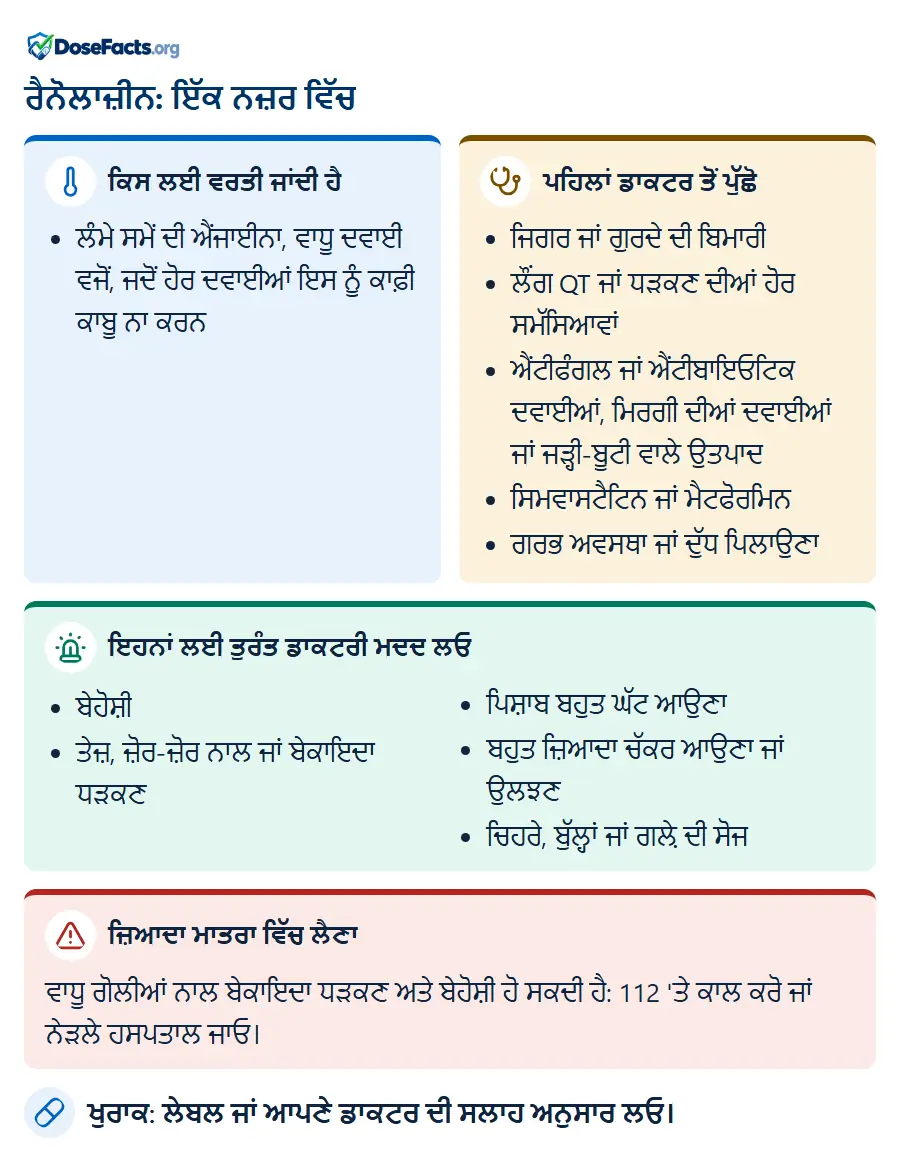 ਰੈਨੋਲਾਜ਼ੀਨ: ਇੱਕ ਨਜ਼ਰ ਵਿੱਚ. ਕਿਸ ਲਈ ਵਰਤੀ ਜਾਂਦੀ ਹੈ: ਲੰਮੇ ਸਮੇਂ ਦੀ ਐਂਜਾਈਨਾ, ਵਾਧੂ ਦਵਾਈ ਵਜੋਂ, ਜਦੋਂ ਹੋਰ ਦਵਾਈਆਂ ਇਸ ਨੂੰ ਕਾਫ਼ੀ ਕਾਬੂ ਨਾ ਕਰਨ. ਪਹਿਲਾਂ ਡਾਕਟਰ ਤੋਂ ਪੁੱਛੋ: ਜਿਗਰ ਜਾਂ ਗੁਰਦੇ ਦੀ ਬਿਮਾਰੀ, ਲੌਂਗ QT ਜਾਂ ਧੜਕਣ ਦੀਆਂ ਹੋਰ ਸਮੱਸਿਆਵਾਂ, ਐਂਟੀਫੰਗਲ ਜਾਂ ਐਂਟੀਬਾਇਓਟਿਕ ਦਵਾਈਆਂ, ਮਿਰਗੀ ਦੀਆਂ ਦਵਾਈਆਂ ਜਾਂ ਜੜ੍ਹੀ-ਬੂਟੀ ਵਾਲੇ ਉਤਪਾਦ, ਸਿਮਵਾਸਟੈਟਿਨ ਜਾਂ ਮੈਟਫੋਰਮਿਨ, ਗਰਭ ਅਵਸਥਾ ਜਾਂ ਦੁੱਧ ਪਿਲਾਉਣਾ. ਇਹਨਾਂ ਲਈ ਤੁਰੰਤ ਡਾਕਟਰੀ ਮਦਦ ਲਓ: ਬੇਹੋਸ਼ੀ, ਤੇਜ਼, ਜ਼ੋਰ-ਜ਼ੋਰ ਨਾਲ ਜਾਂ ਬੇਕਾਇਦਾ ਧੜਕਣ, ਪਿਸ਼ਾਬ ਬਹੁਤ ਘੱਟ ਆਉਣਾ, ਬਹੁਤ ਜ਼ਿਆਦਾ ਚੱਕਰ ਆਉਣਾ ਜਾਂ ਉਲਝਣ, ਚਿਹਰੇ, ਬੁੱਲ੍ਹਾਂ ਜਾਂ ਗਲ਼ੇ ਦੀ ਸੋਜ. ਜ਼ਿਆਦਾ ਮਾਤਰਾ ਵਿੱਚ ਲੈਣਾ: ਵਾਧੂ ਗੋਲੀਆਂ ਨਾਲ ਬੇਕਾਇਦਾ ਧੜਕਣ ਅਤੇ ਬੇਹੋਸ਼ੀ ਹੋ ਸਕਦੀ ਹੈ: 112 'ਤੇ ਕਾਲ ਕਰੋ ਜਾਂ ਨੇੜਲੇ ਹਸਪਤਾਲ ਜਾਓ. ਖੁਰਾਕ: ਲੇਬਲ ਜਾਂ ਆਪਣੇ ਡਾਕਟਰ ਦੀ ਸਲਾਹ ਅਨੁਸਾਰ ਲਓ.
